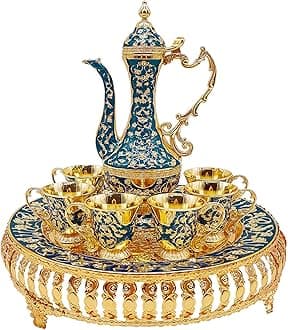 Turkish Coffee Cup and Tea Pot Set Including Teapot,Tea Tray,6 Metal Cups,Tea Service Set for Tea Table Decor,Hip Flask (Blue and Gold)