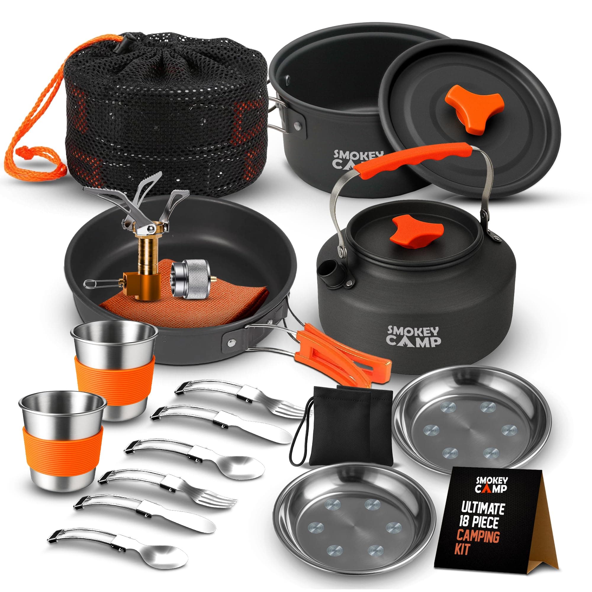 Smokey Camp Camping Cookware Mess Kit Set with Stove - Backpacking Camping Pots and Pans Set, All in One Non-Stick Camping Cooking Set, Portable Stove, Hiking, Picnic, Outdoor & Camping Cookware Set