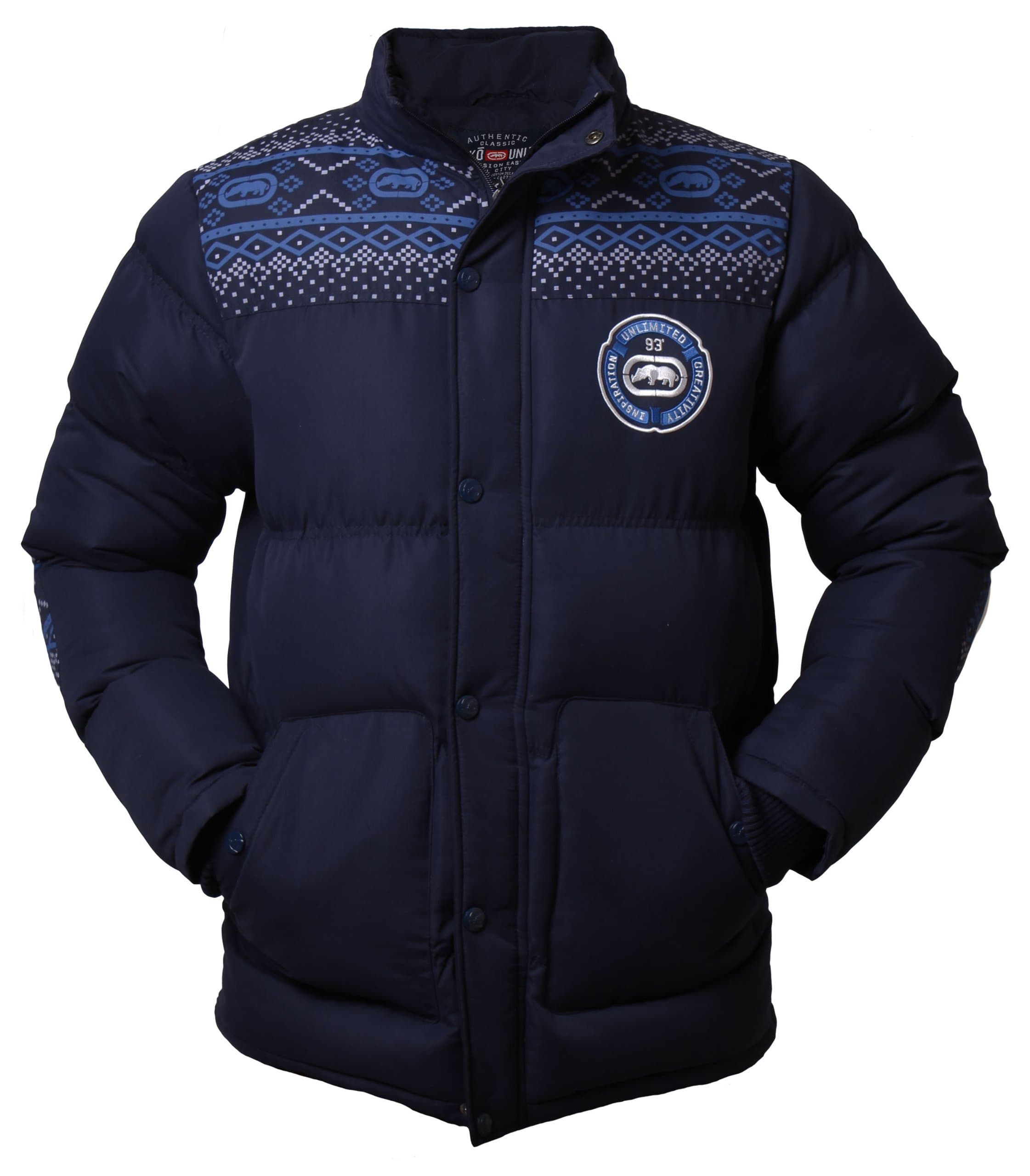 Ecko Mens Unltd Jacket Coat Brick Lane Padded Aztec Fair Isle Concealed Hood