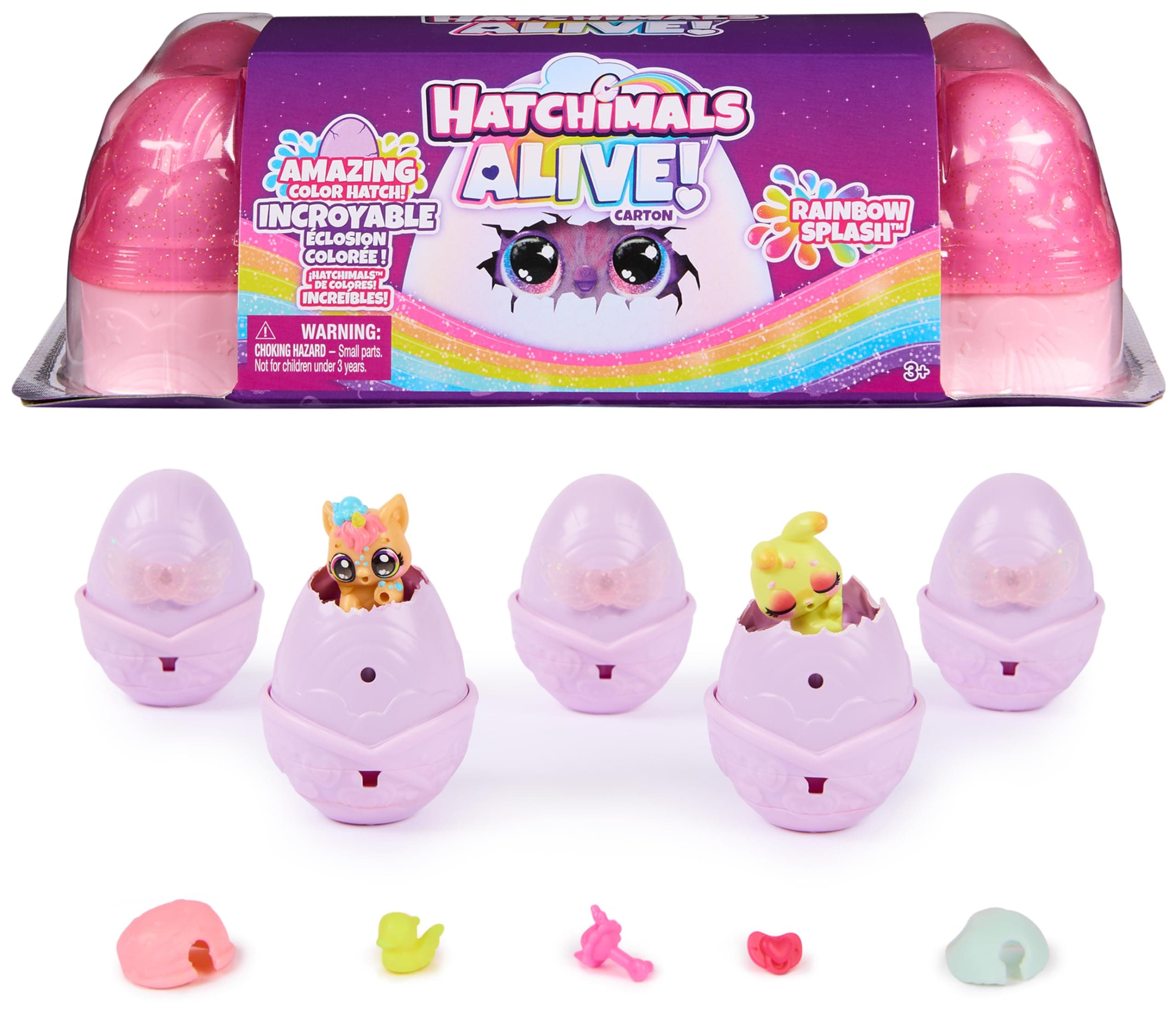 Alive, Rainbow Splash Egg Carton with 5 Mini Figures in Color Reveal Eggs & 10 Accessories, Kids Toys for Ages 3 and up