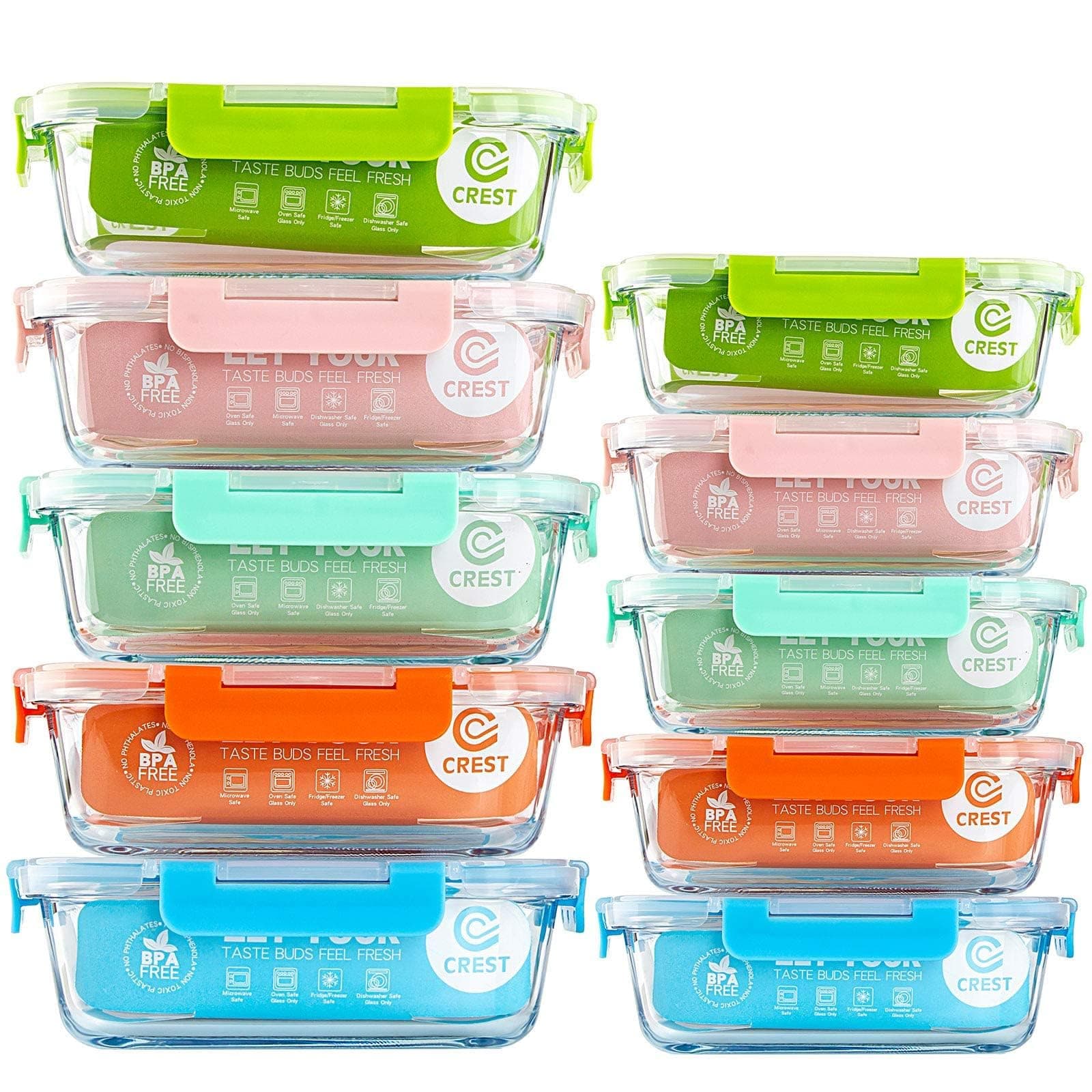 C CREST [10-Pack Glass Food Storage Containers (A Set of Five Colors), Meal Prep Containers with Lids for Kitchen, Home Use - Airtight Glass Lunch Boxes