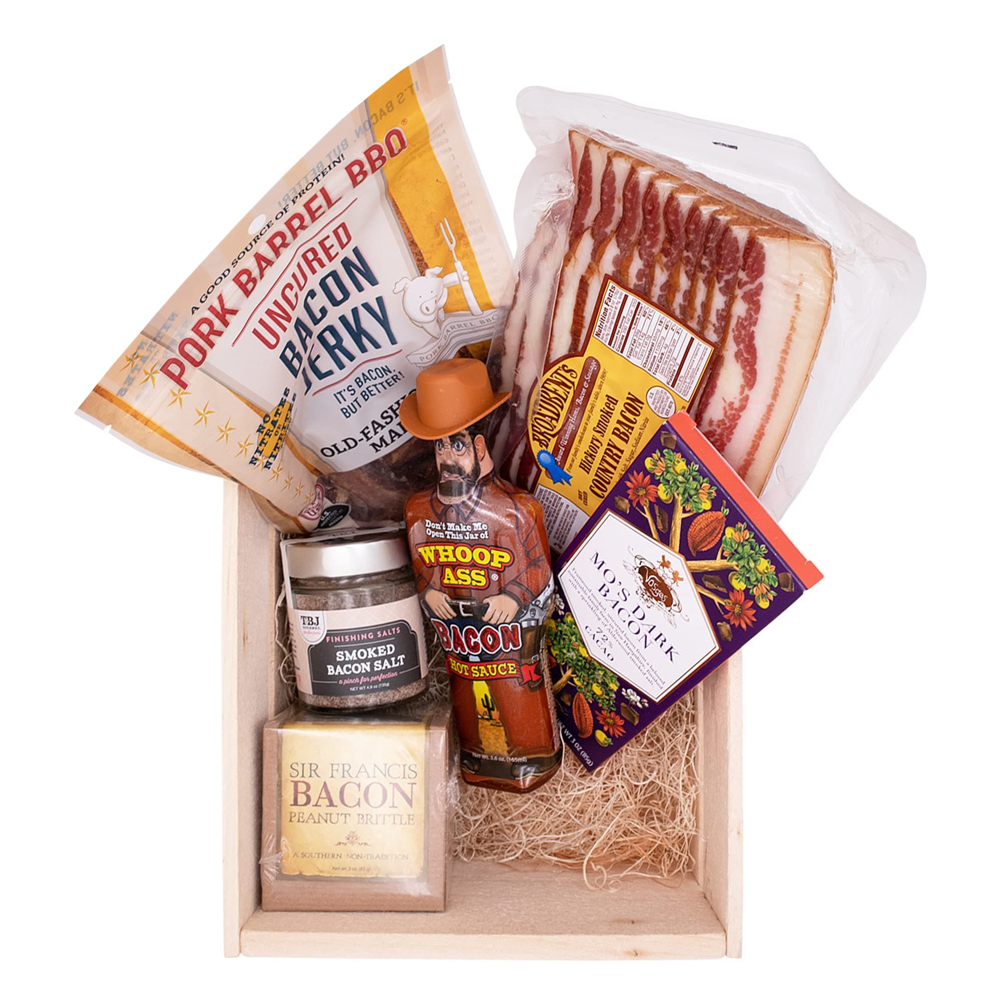 Bacon Gift Pack | Bacon Lover Sampler Set | Bacon Six Ways | Gourmet Food Gift | Great Gift For Men | Includes: Chocolate Covered Bacon, Sir Francis Bacon Peanut Brittle & More | Wooden Gift Crate