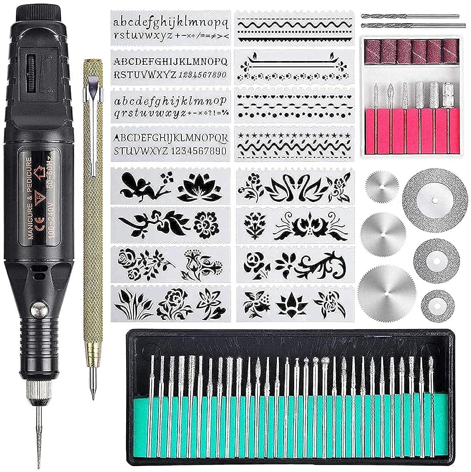 70 Pcs Engraving Tool Kit, Multi-Functional Electric Corded Engraver Pen DIY Rotary Tool for Jewelry Glass Wood Metal Ceramic Plastic with Scribe, 52 Accessories and 16 Stencils (Black)
