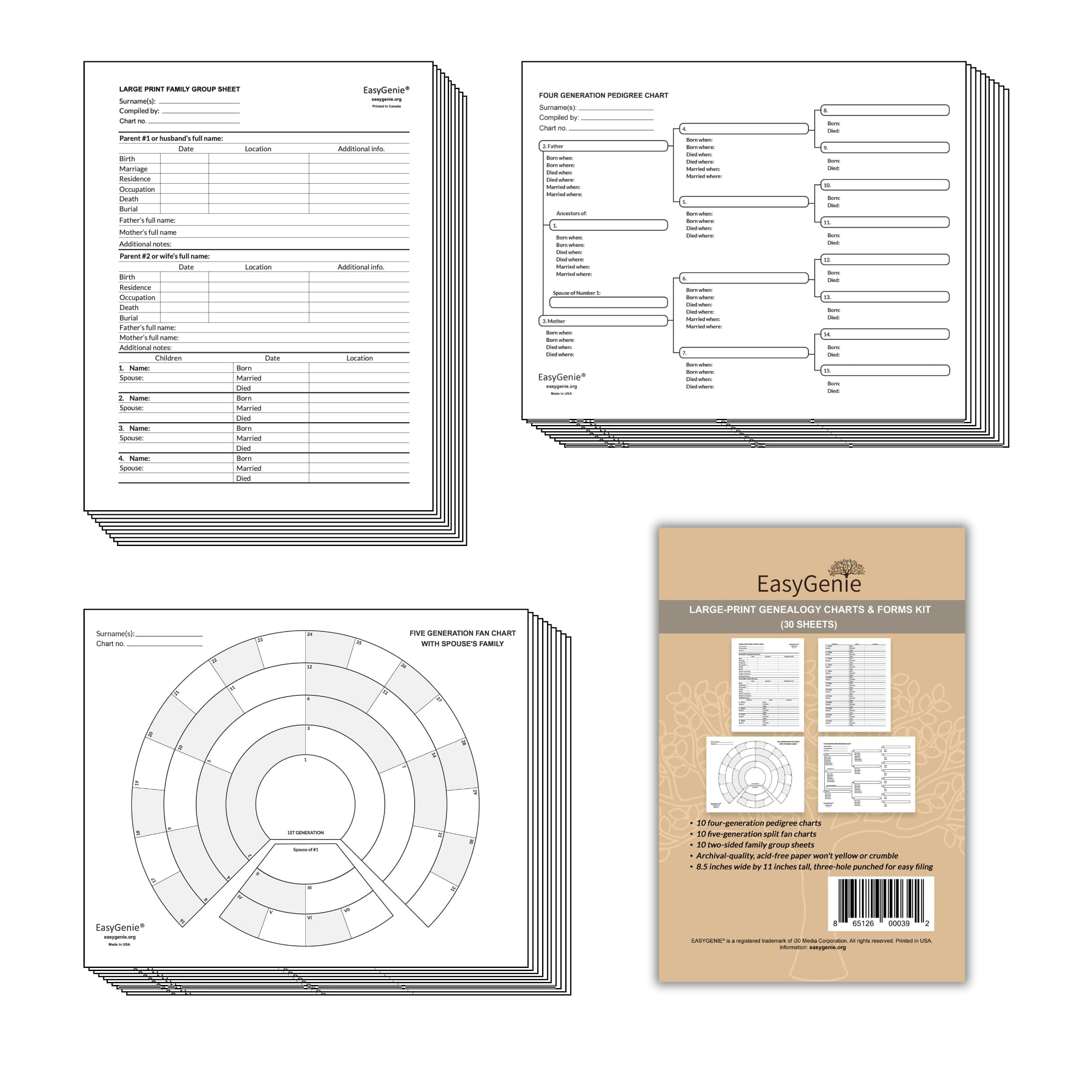LARGE PRINT Genealogy Charts and Forms Kit (30 Sheets) | Includes 10 Pedigree Charts, 10 Fan Charts, and 10 Family Group Sheets