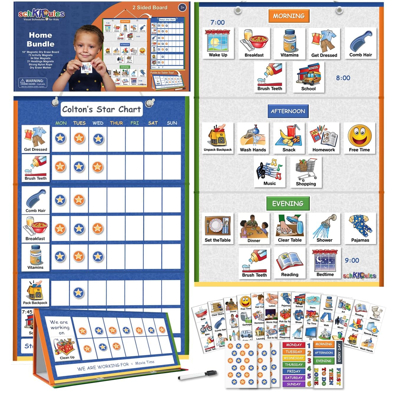 SchKIDules 2-in-1 Home Bundle Visual Schedule: Daily Kids Calendar and Weekly Responsibility Chart All in One; 18" Trifold Magnetic Board, 72 Activity Magnets and 57 Accessory Magnets