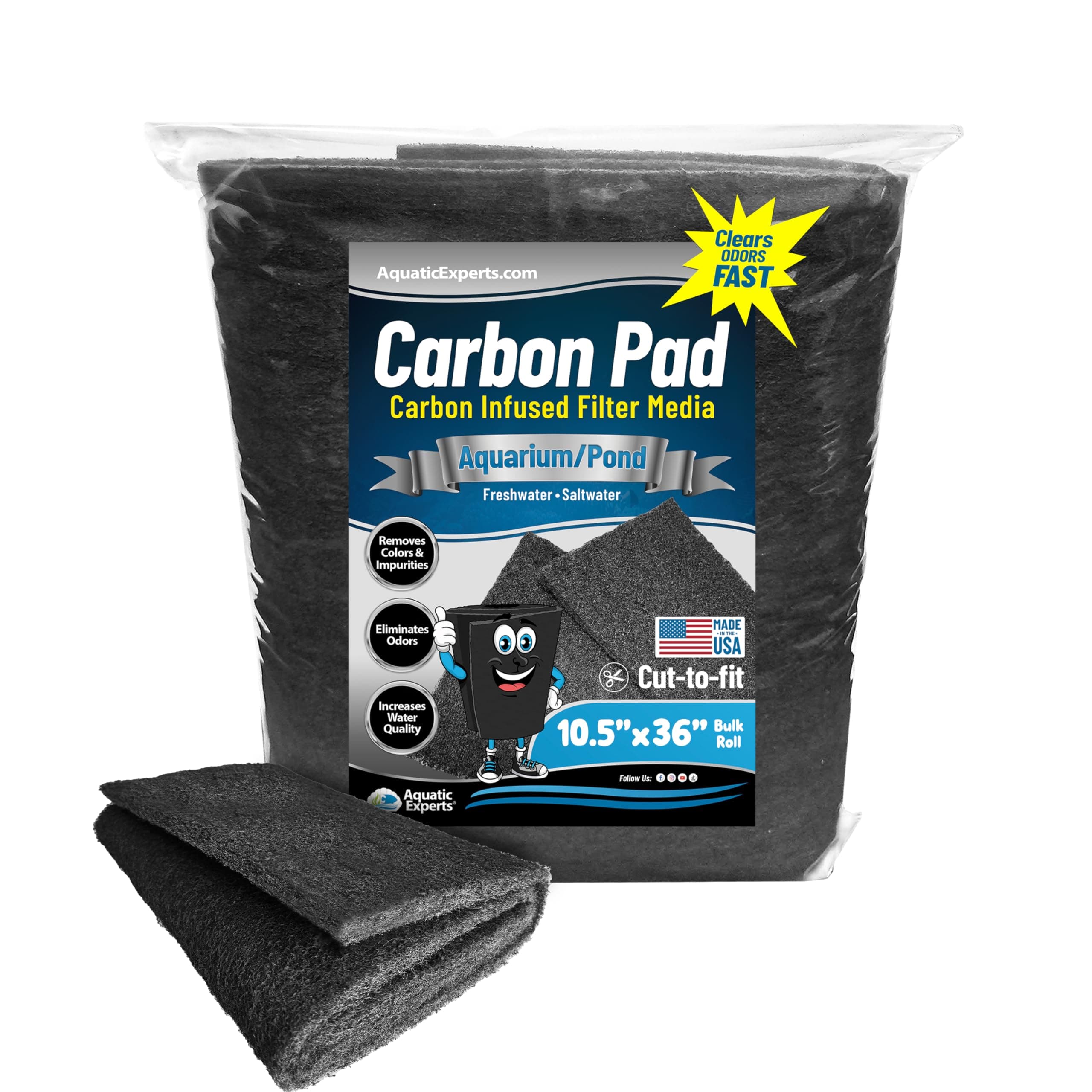 Aquarium Carbon Pad – Cut‑to‑Fit Carbon Infused Filter Pad Media for Crystal Clear Fish Tanks and Ponds, 3/8"–1/2" Thick (10.5 Inch Width, 36 Inch Long)