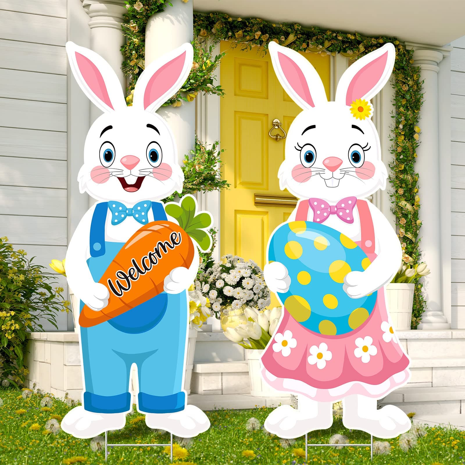 Easter Decorations Outdoor Easter Bunny and Egg Yard Signs Happy Easter Welcome Signs with Stakes Spring Easter Lawn Sign Decor for Easter Garden Hunt Game Party Supplies Props, 32 x 12.6 Inches