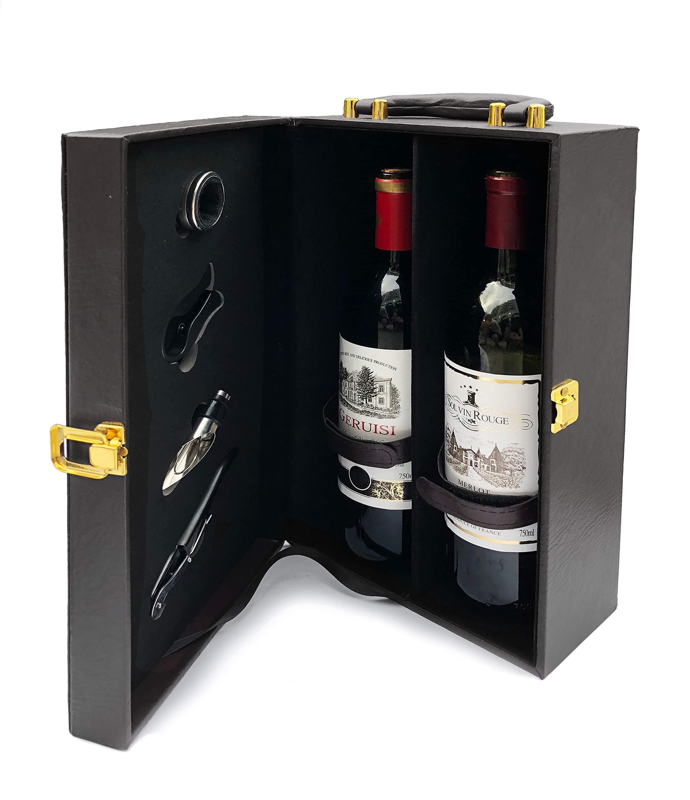 Elegant 2 Bottle Wine Box with Tools - in Black - Leather Bound with Carry Handle - Cork Screw, Pourer, Foil Cutter, Napkin/Drip Ring (Wine not Included) **Black**