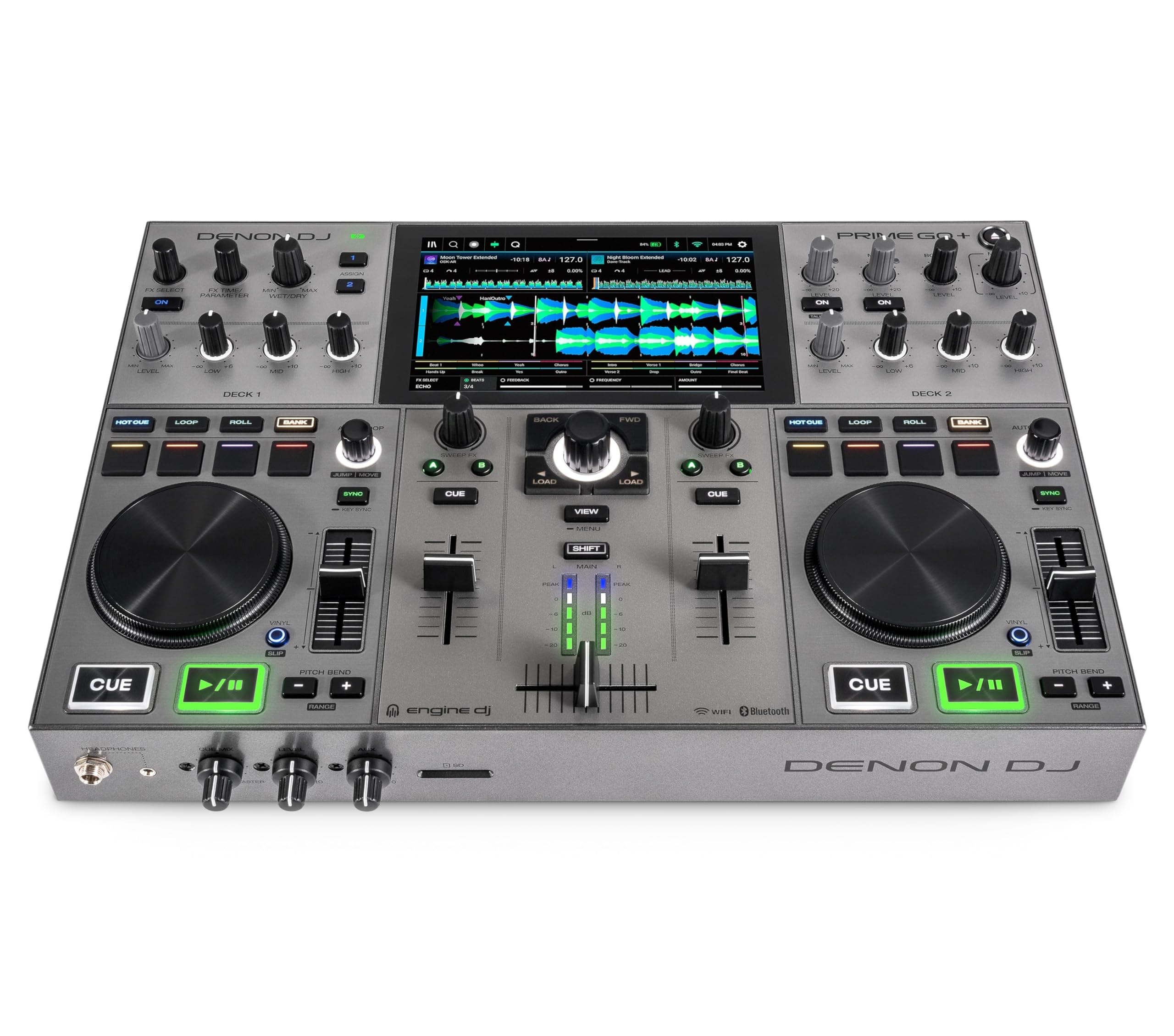 Denon DJ Prime Go+ Portable DJ Controller and Mixer with Stem Separation, 2 Decks, WiFi Streaming, Bluetooth, Light Control, 7 Inch Display and Battery