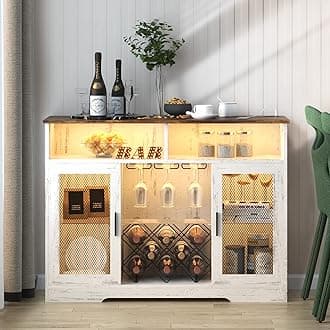 LVSOMT Bar Cabinet with Wine Rack and Glass Holder, LED Sensor Lights Farmhouse Coffee Bar Cabinet for Liquor and Glasses, Sideboard Buffet Cabinet with 2 Shelves 4 Adjustable storage Mesh Door(white)