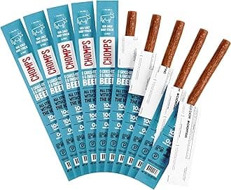 CHOMPS Grass Fed Beef Jerky Meat Snack Sticks, AIP Diet Compliant, Keto, Paleo, Whole30 Approved, Low Carb, Gluten Free, Sugar Free, 90 Calories 1.15 Oz Sticks, Sea Salt Beef 10 Pack