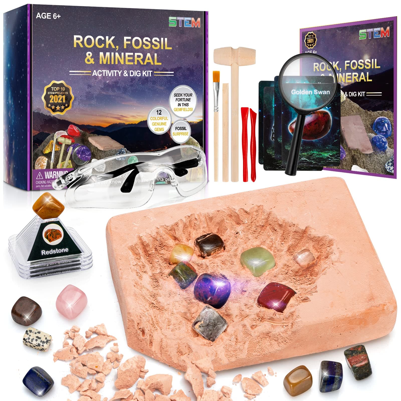 Sillbird Gemstone Dig Kit - Dig Up 12 Real Gems, STEM Science Educational Crystals Rock Mineral Excavation Kit Mineralogy and Geology Party Toys Gifts for Kids Boys Girls