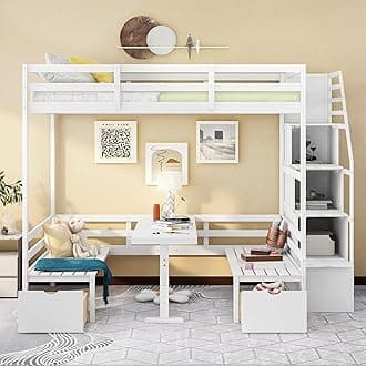 Multifunctional Full over Full Size Bunk Bed with Storage Staircase, Solid Wood Bunk Bed Frame with Safety Guardrail for Kids Teens Boys Girls, Down Bed Convertible to Seats and Table Set (White-N)