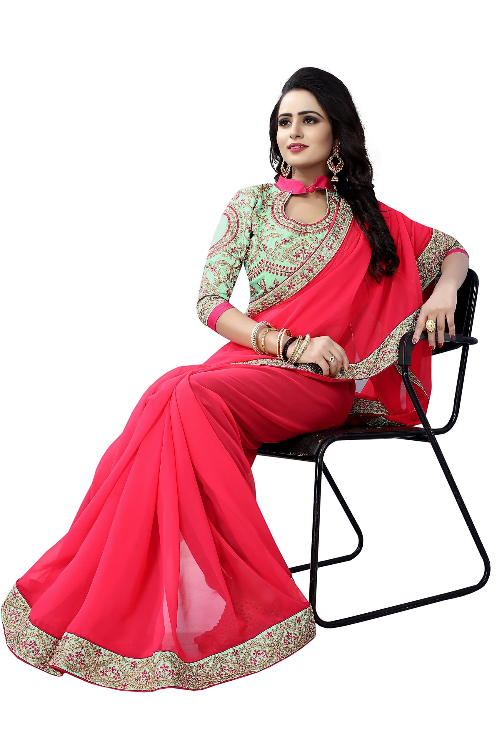 Bindani Studio Georgette Saree With Heavy Embroidered Blouse Piece Material for party wear/wedding/Festival