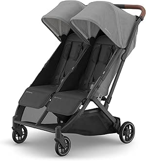 - Minu Duo Side-by-Side Double Stroller - Lightweight + Compact Design for Travel - Easy Fold- From Birth to Toddler - Independent Recline -Greyson(Charcoal Mélange/Carbon Frame/Saddle Leather)