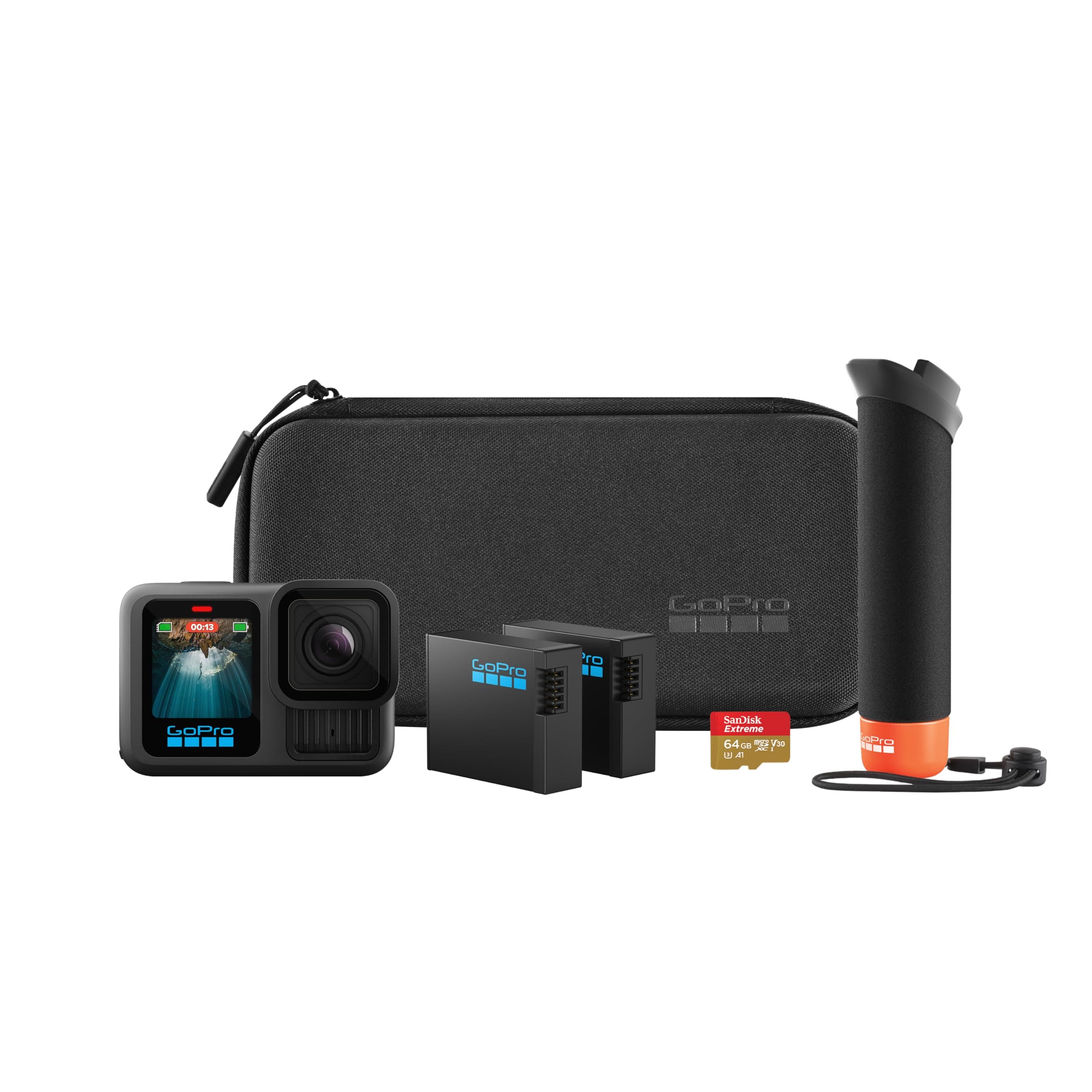 HERO13 Black Accessory Bundle - Includes The Handler, 2 Enduro Batteries, 2 Curved Adhesive Mounts, 64GB SanDisk MicroSD Card, and Carrying Case