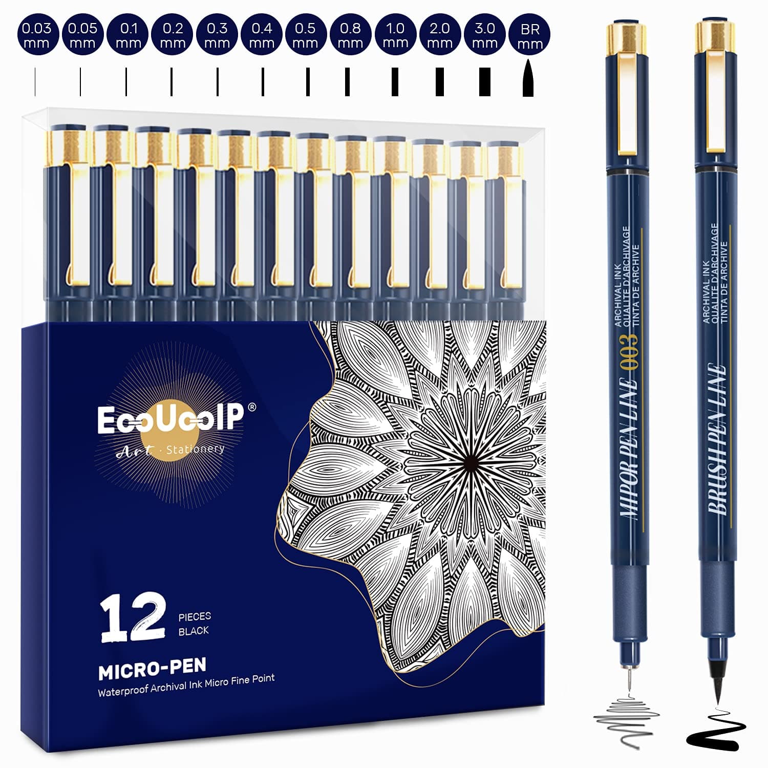 EooUooIP Fineliner Pens Assorted Nibs, 12 Pcs Black Micro Liner Pen(0.03mm-3mm), Technical Drawing Pens Illustration Pens, for Artist Sketching, Drawing, Architecture Drafting and Comic Design