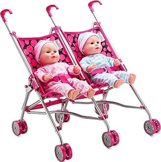 Double Doll Stroller for Twin Baby Dolls - Toy Stroller for Toddlers 3 Years and up, Pink & Black Polka Dots Design for Kids