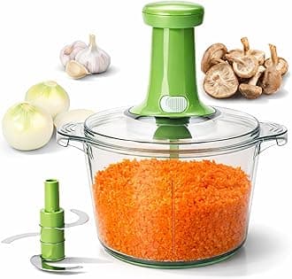 Brieftons Express Food Chopper: Large 8.5-Cup, Quick & Powerful Manual Hand Held Chopper to Chop & Cut Fruits, Vegetables, Herbs, Onions for Salsa, Salad, Pesto, Hummus, Guacamole, Coleslaw, Puree