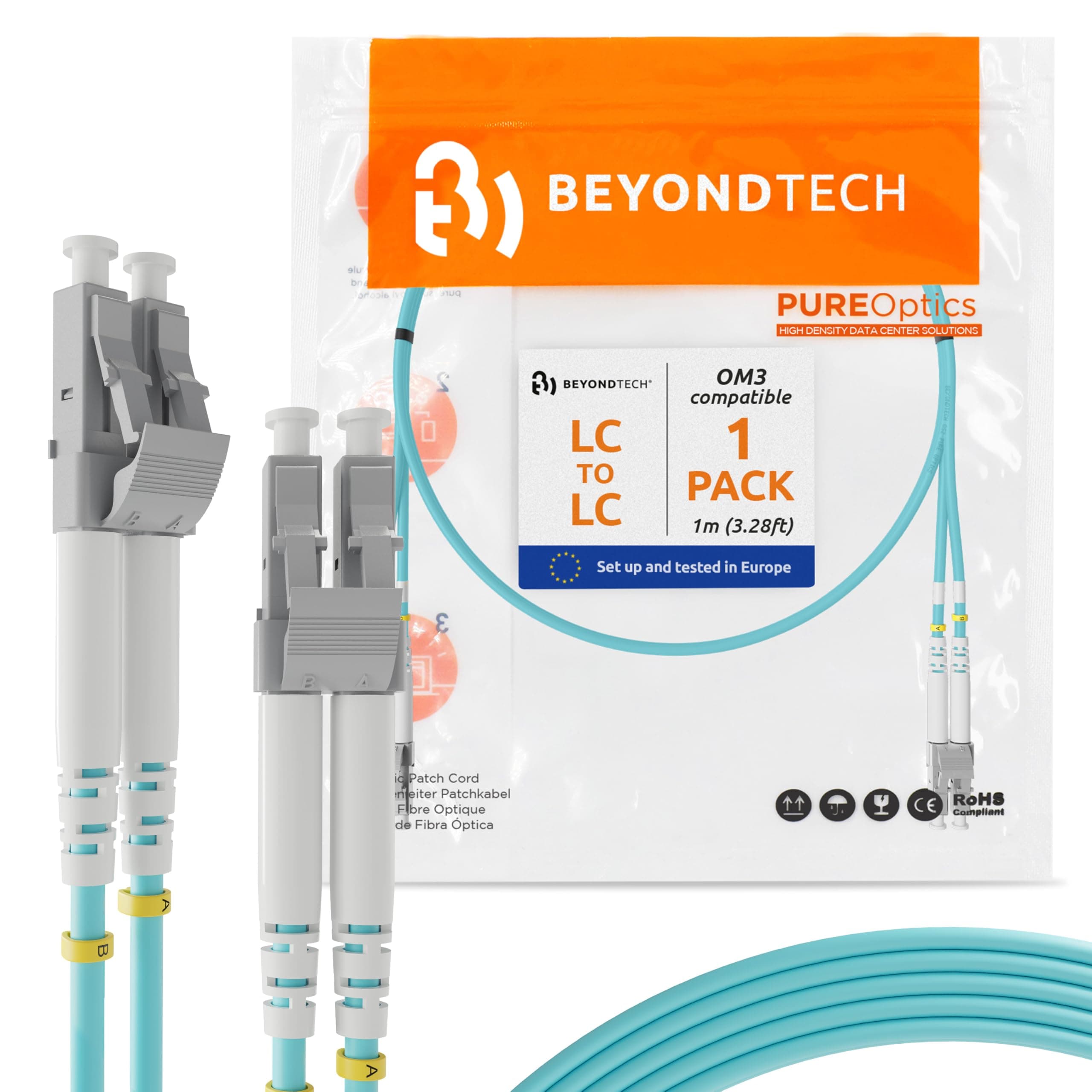 BEYONDTECH 1m (3.28ft) LC to SC Fiber Patch Cable – UPC Multimode Duplex Fiber Optic Cable – 50/125µm core, Compatible with OM3 – 10G LSZH PUREOptics Series