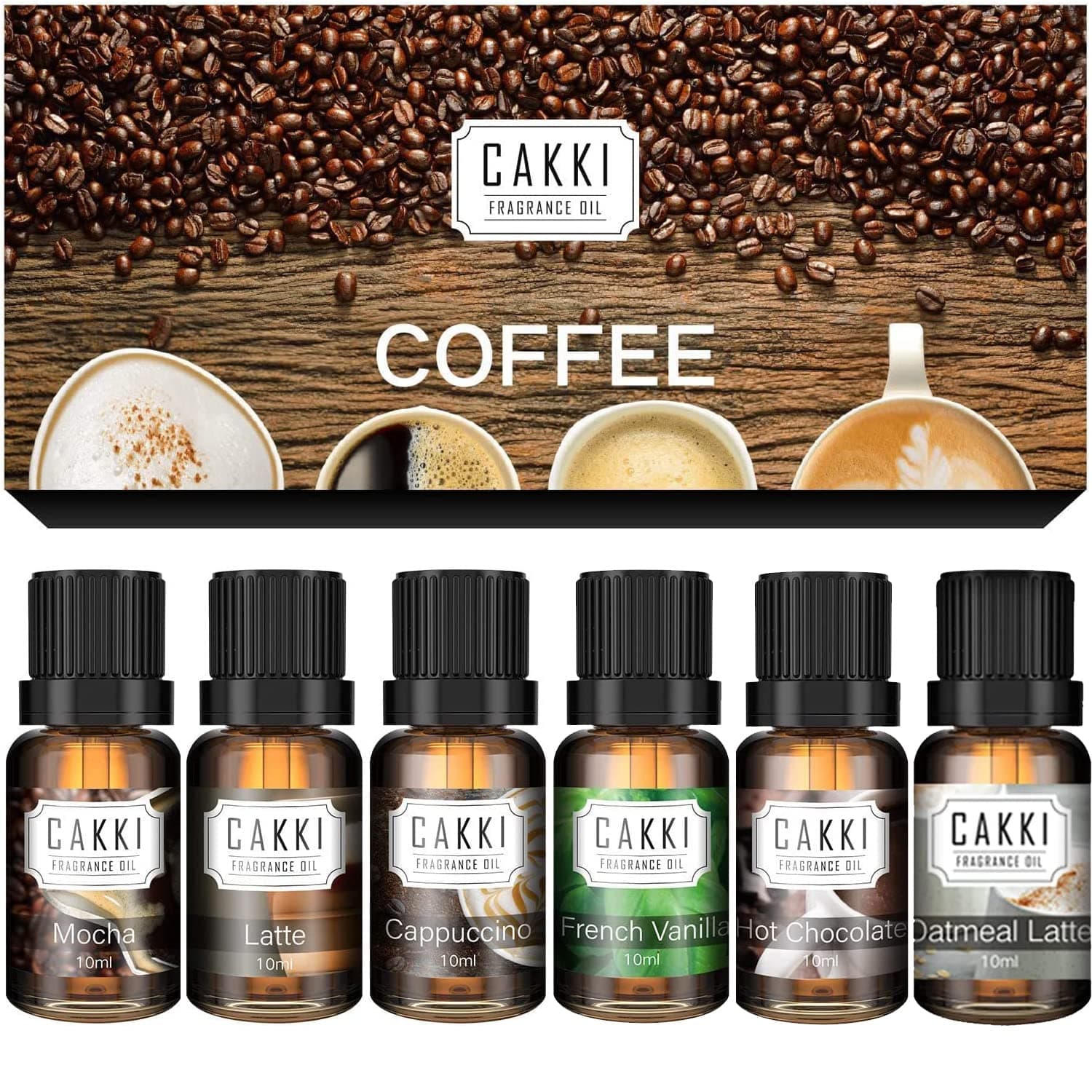 Coffee Essential Oils Set for Diffuser, 6 x10ml, Cakki Fragrance Oils Gift Set with Mocha, Latte, Cappuccino, Hot Chocolate, Vanilla, Oatmeal Latte. for Candle Making