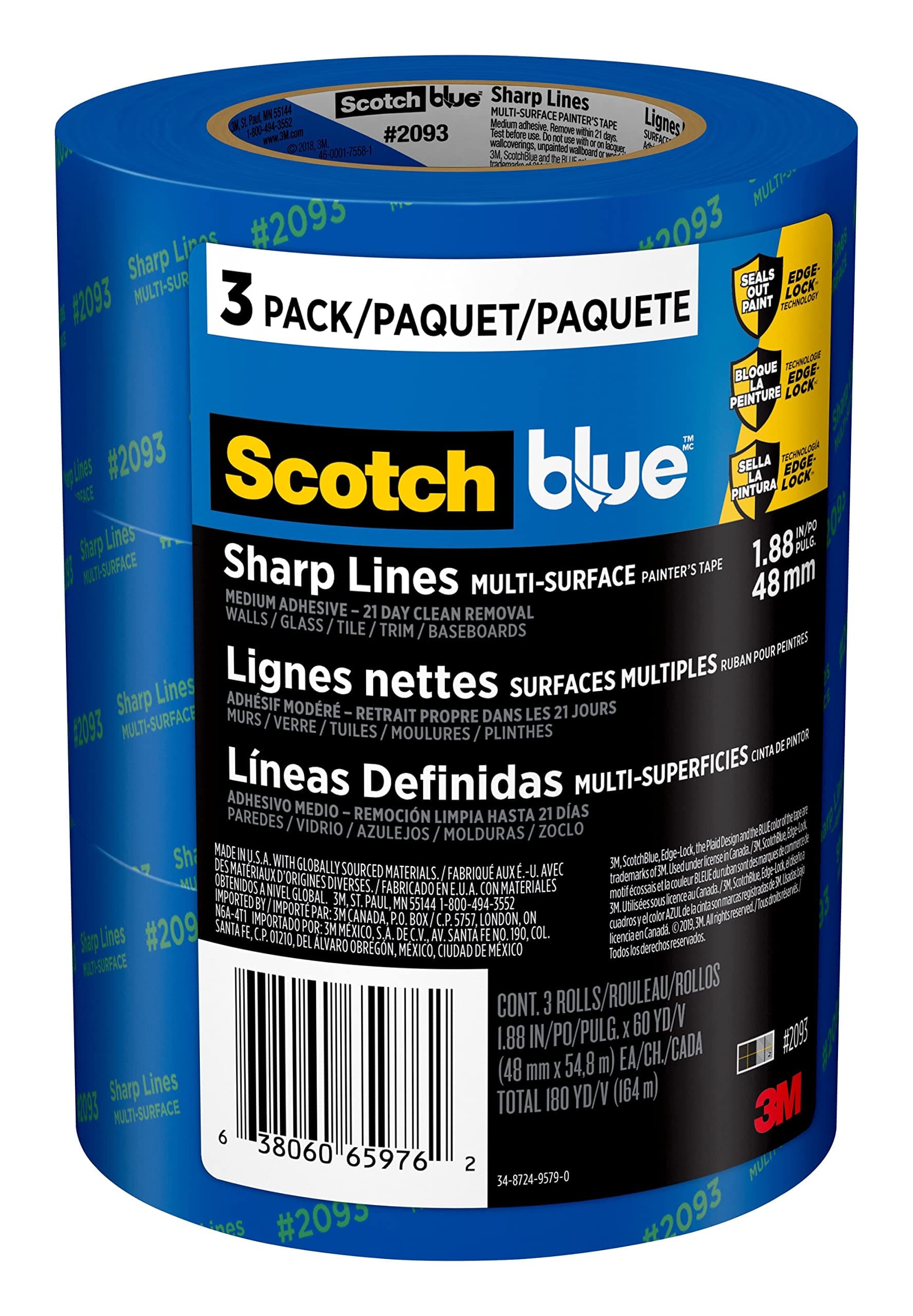 Sharp Lines Multi-Surface Painter's Tape, 1.88 Inches x 60 Yards, 3 Rolls, Blue, Paint Tape Protects Surfaces and Removes Easily, Edge-Lock Painting Tape for Indoor and Outdoor Use