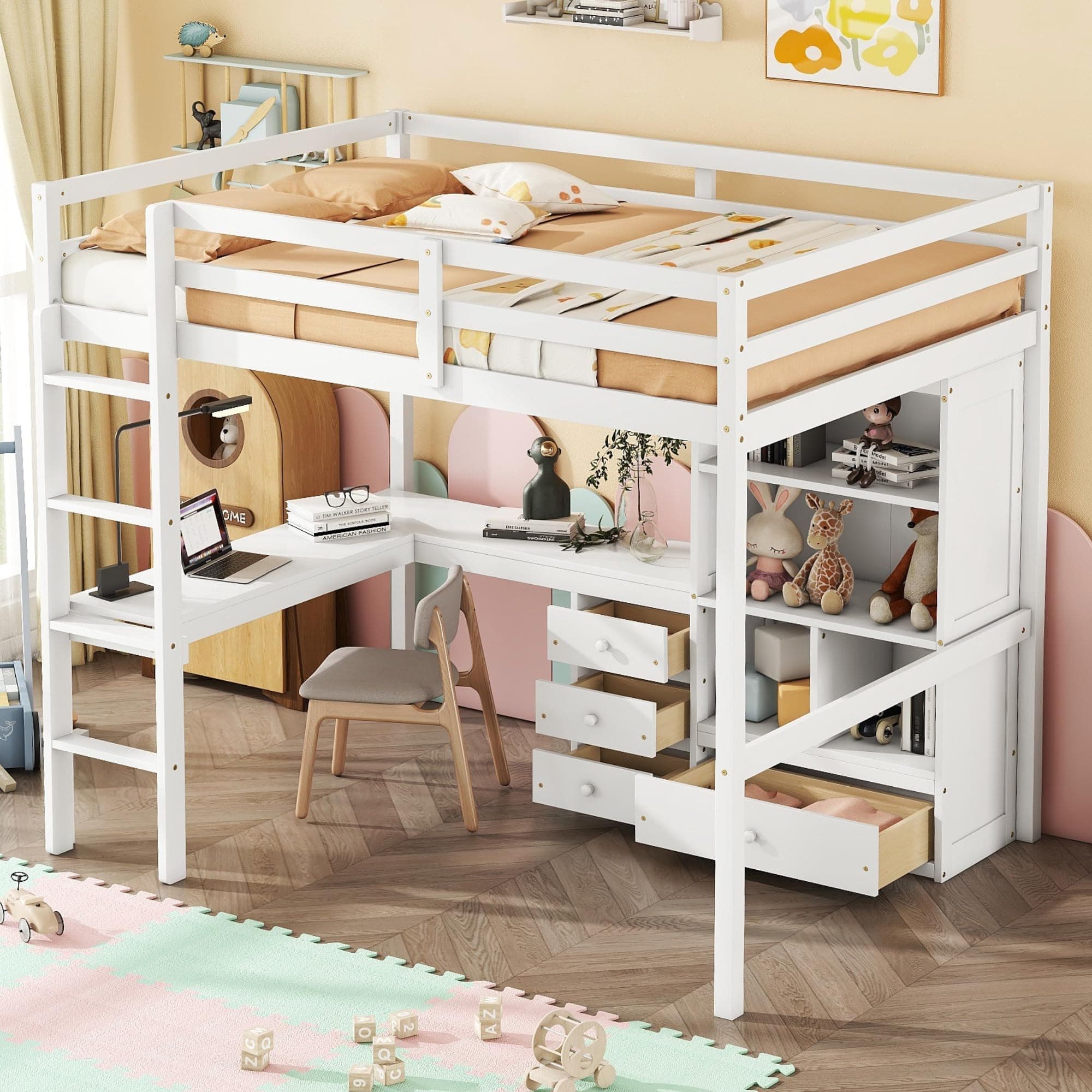 Bellemave Full Size Loft Bed with Desk & 4 Drawers & Storage Shelves, Wood High Loft Bed with Under-Bed Desk, Guardrails, No Box Spring Needed, White