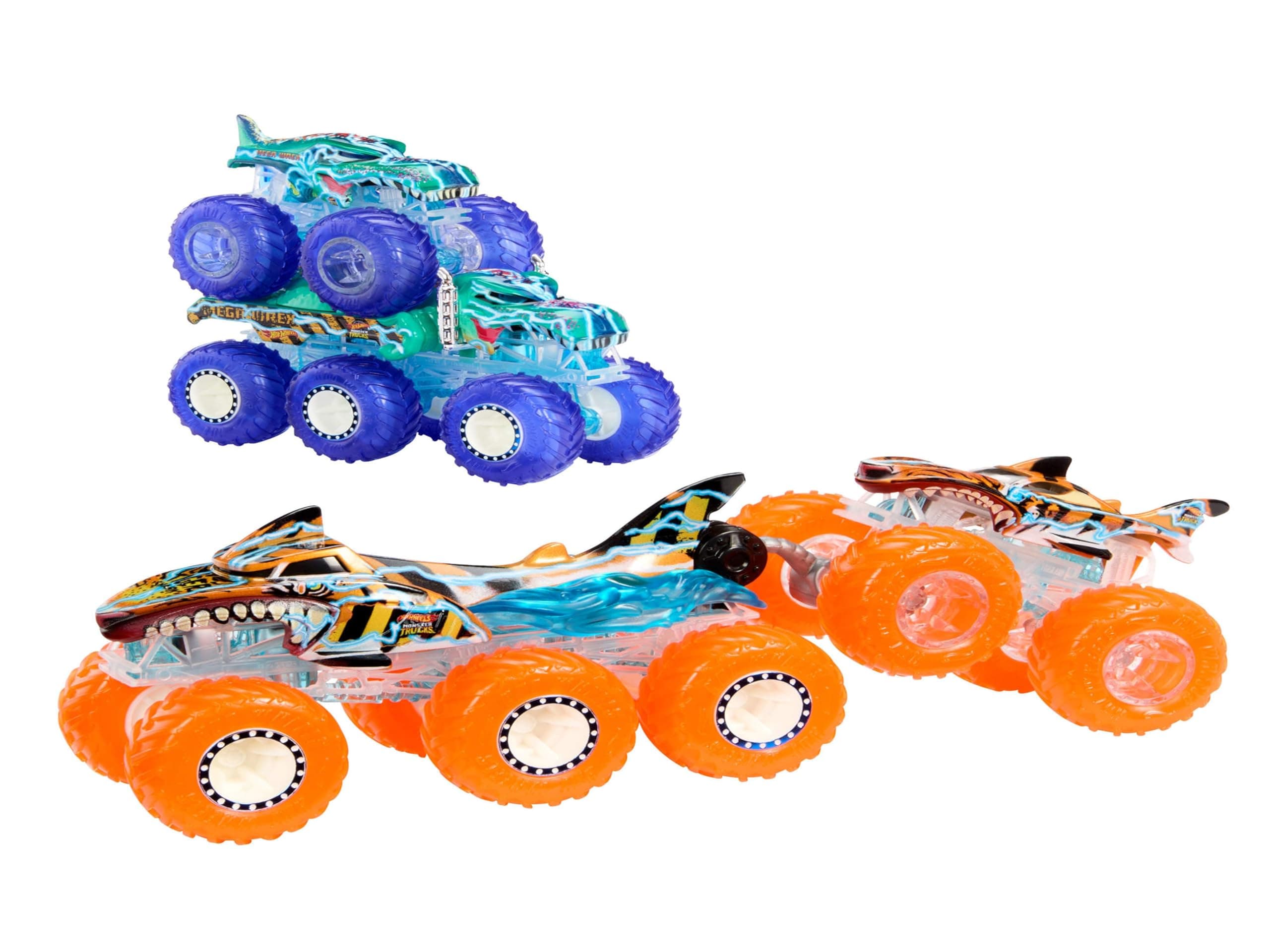 Monster Trucks Multipack, 1:64 Scale Mega-Wrex & Tiger Shark Toy Trucks with Big Rigs in Matching Power Smashers Deco, HYJ29