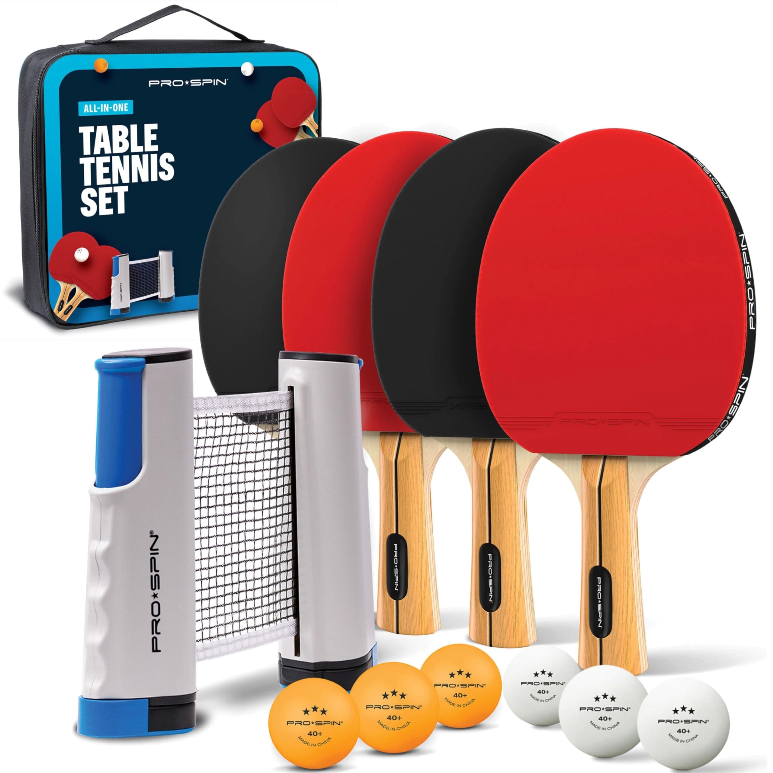 PRO-SPIN Portable Ping Pong Set with Retractable Ping Pong Net for Any Table, All-in-One Table Tennis Set with Ping Pong Paddles, Balls & Case, Table Top Family Game