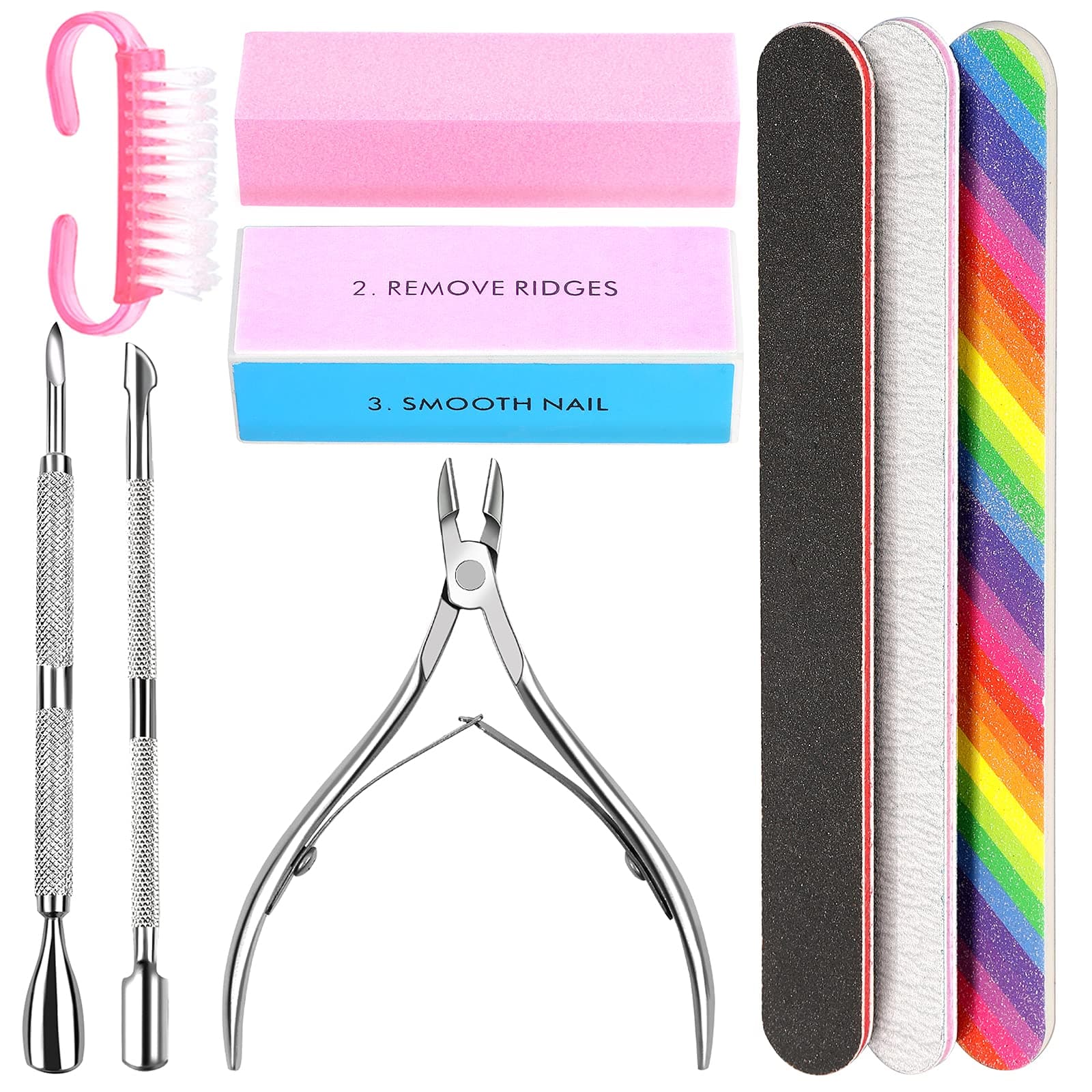Nail File and Buffer- 3pcs Double Sided Nail File, Rectangular Nail Buffer, Buffer Block Sponge Polished, Nail Brush, Come with Cuticle Nipper and Pusher, Perfect Manicure Tool Kit for Shiny Nail