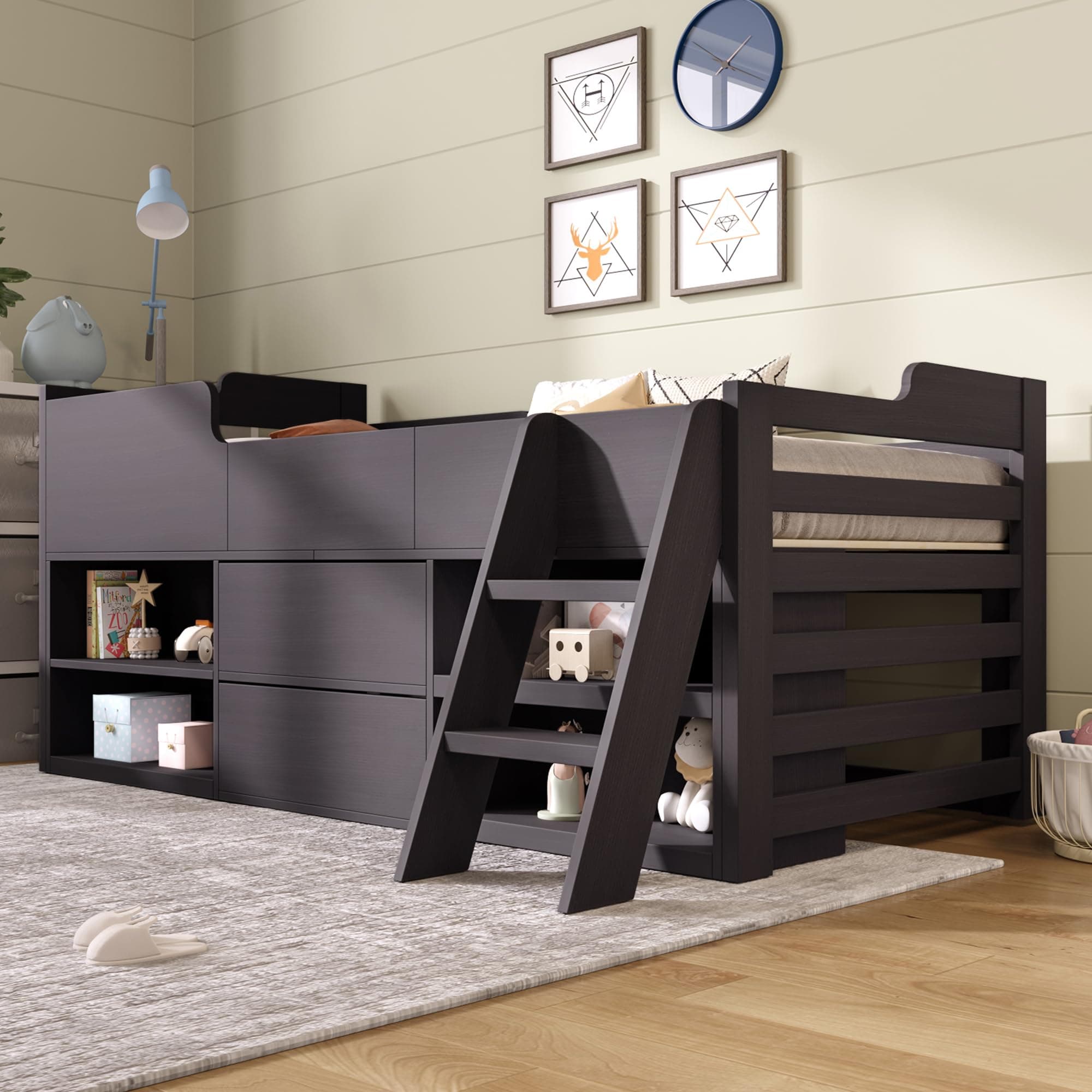 ModernLuxe 3FT Kids Single Bed Frame, Sturdy Wooden Toddler Cabin Bed with Practical Drawers, Convenient Shelf and Safe Ladder, Ideal for Children, Space-Saving Mid-Sleeper Design, Taupe, 90 x 190cm