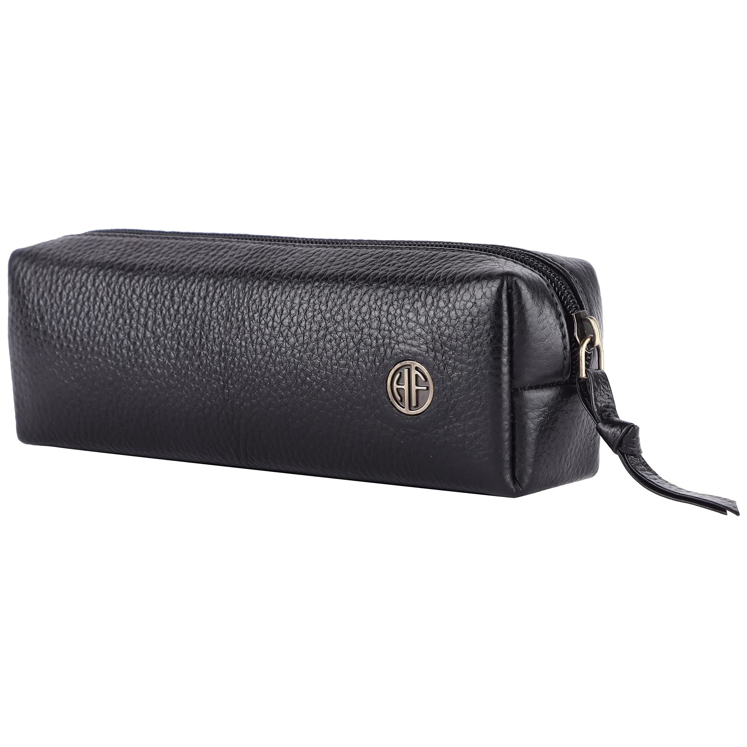 Leather Utility Pouch - Multi-Use Genuine Leather Pencil Case, Cosmetic Pouch, Stationery Pouch, Coin Pouch, Makeup Brush Pouch for Women & Men - School & Office Organizer - Black