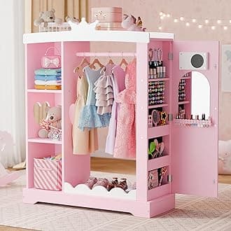 Xilingol Kids Armoire with Jewelry Cabinet, Dress up Storage with Mirror and Shelves, Princess Dress Closet and Costumes Wardrobe Closet, Costume Organizer for Bedroom, Kids Room, Girls (Pink)