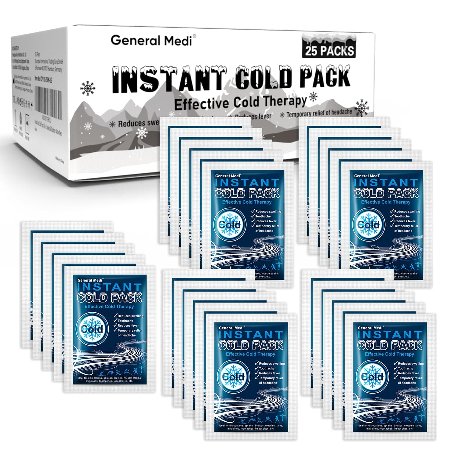 General Medi Instant Ice Cold Pack (4”x 5.5”) – 25 Packs Disposable Cold Therapy Ice Packs for Pain Relief, Swelling, Inflammation, Sprains, Toothache – for Athletes & Outdoor Activities