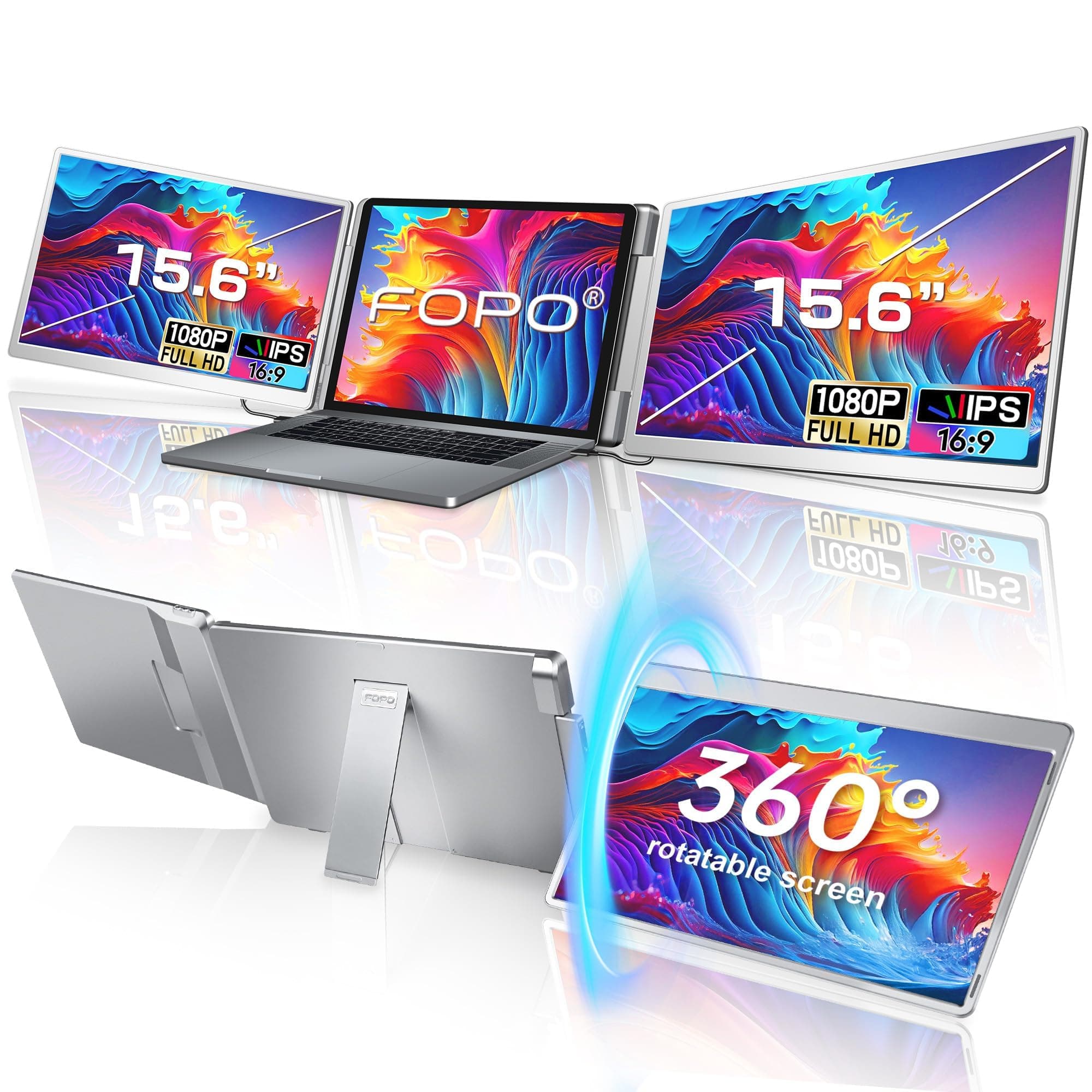 15.6 Triple Laptop Screen Extender, Left Screen 360° Rotation Laptop Monitor Extender, Plug and Play Triplp Monitor for 13-17" Laptops with USB-C/HDMI, for Windows/Mac(M1/M2/M3) Pro/Max - S10