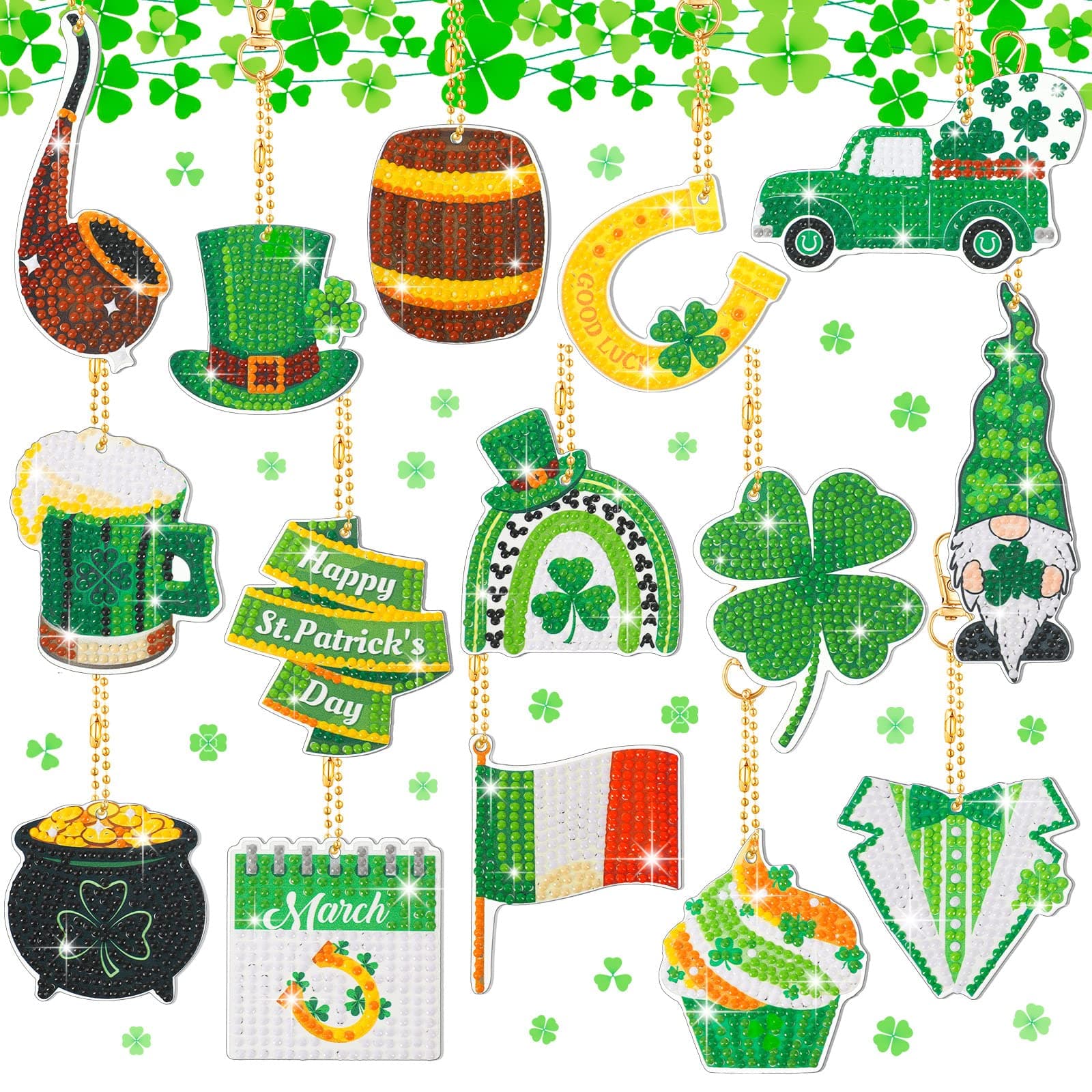 Inbagi 15 Pcs St. Patrick's Day Diamond Keychains St. Patrick's Day 5D Diamond Painting Key Chains Diamond Art Keychains Pendant Green Diamond Painting Key Rings DIY Diamond Ornament (Vivid Style)