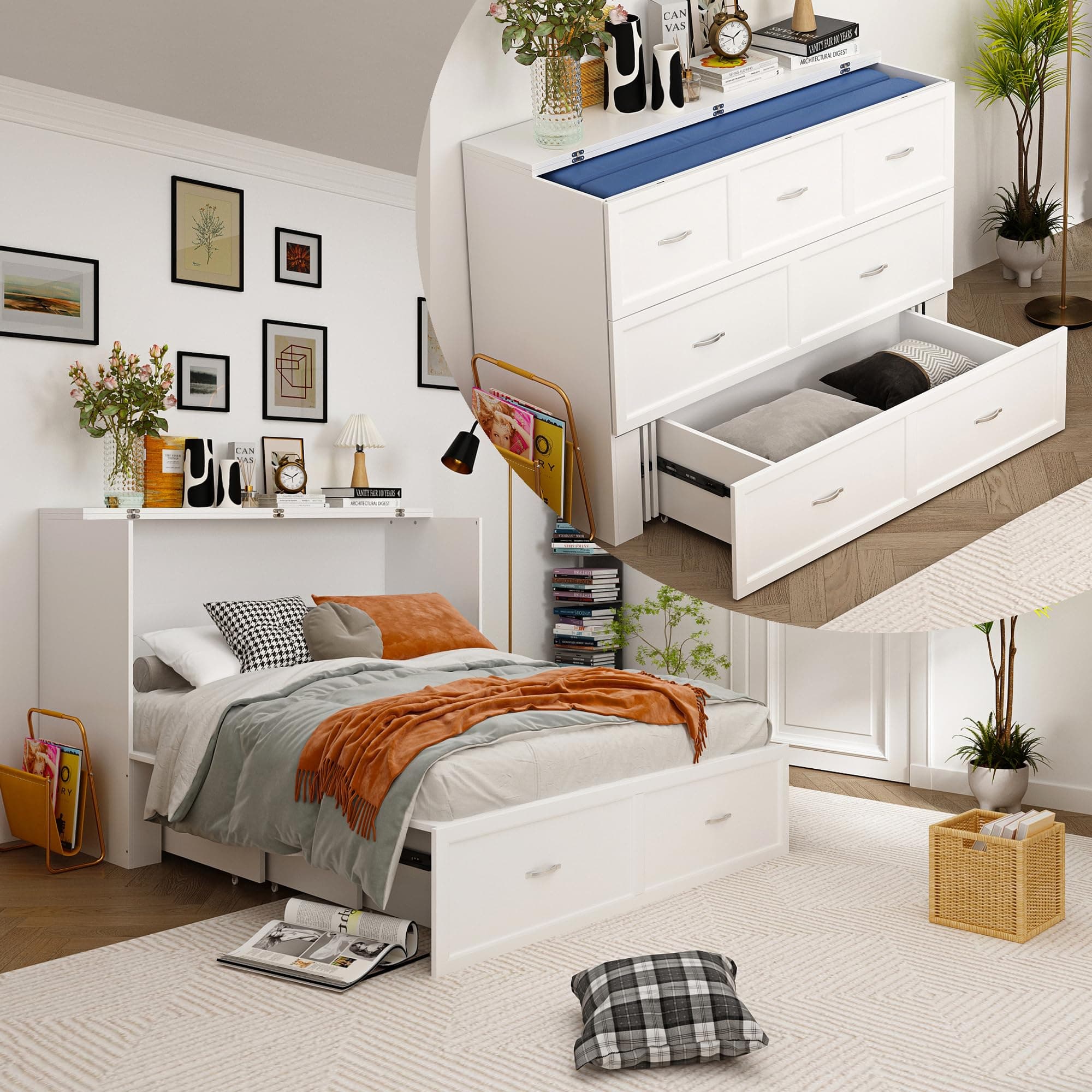 Multi-Functional Murphy Cabinet Bed, Full Size Bed Frame Murphy Chest with Built-in Power Strip & 3 Drawers, Full Foldable Platform BedFrame, White