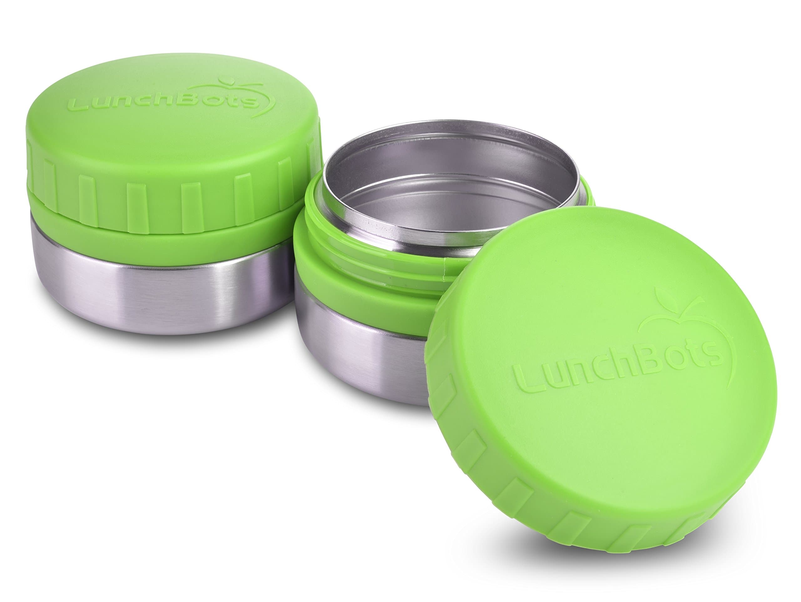 LunchBots Rounds Leak Proof 4 oz. Stainless Snack Container Jar, Set of 2, Green Lids