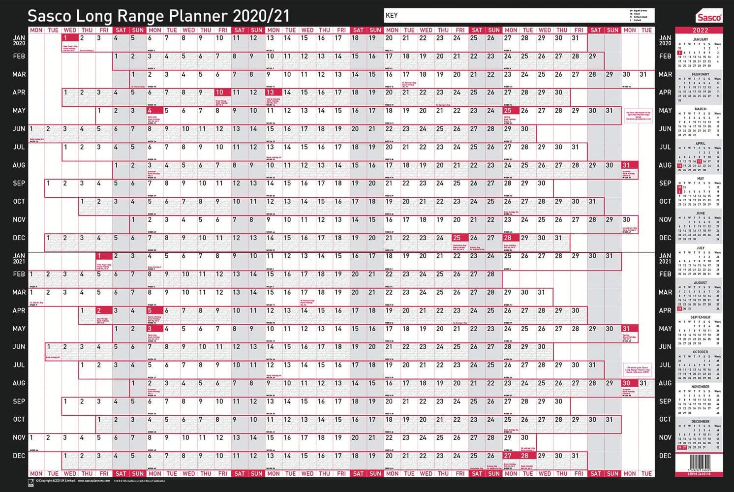Sasco2410118 2020/21 Board Mounted Long Range A1 Wall Planner with Wet Wipe Pen & Sticker Pack, 610 x 915 mm (H x W)