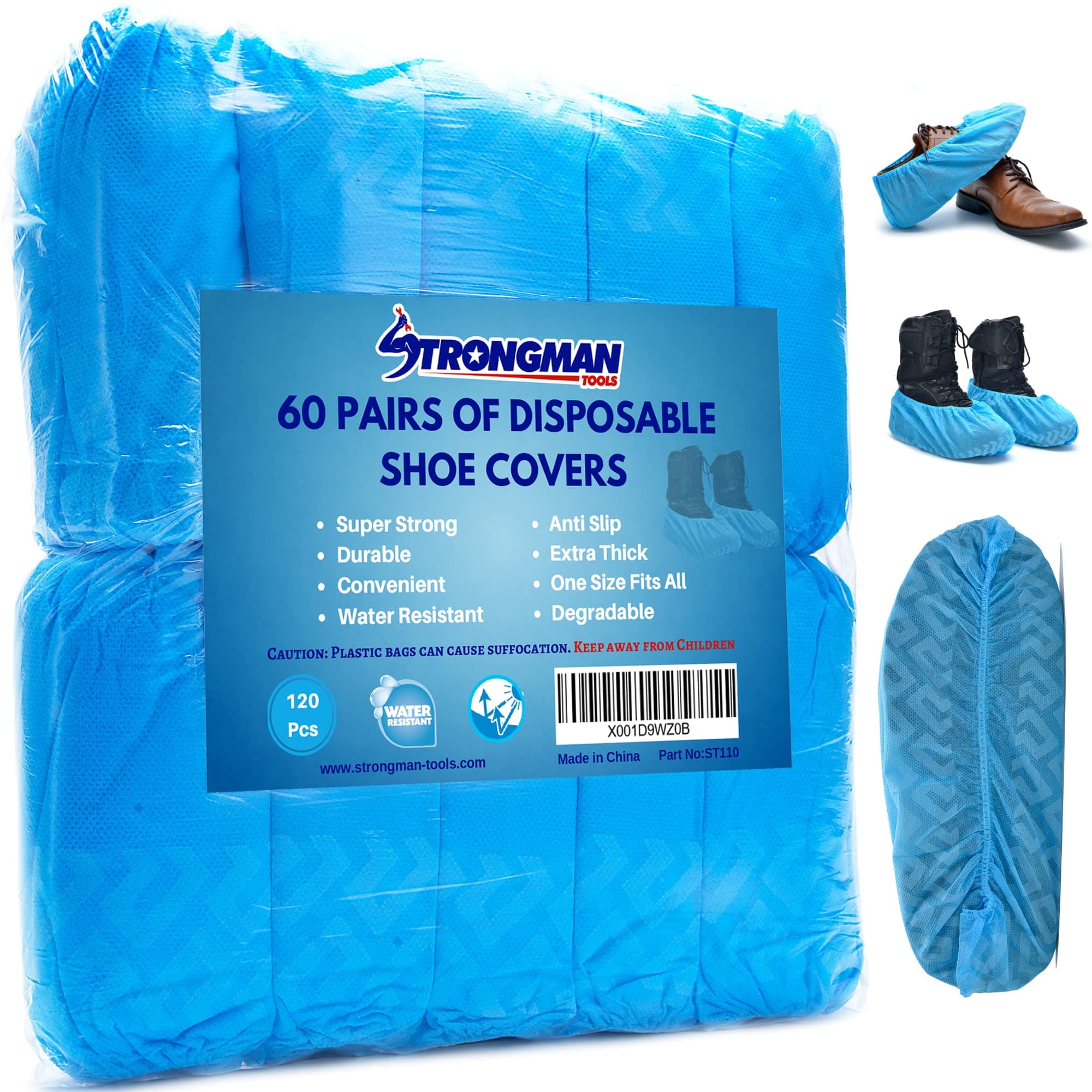 Strongman Tools | 120 Pack (60 Pairs) Extra Thick Disposable Shoe & Boot Covers | Durable & Water Resistant | Anti-Slip | One Size Fits Most
