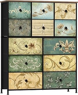 Tohomeor Dresser with Drawers for Bedroom Chest of Drawers Fabric Dresser for Closet,Nursery Entryway Hall Tree TV Stand for Living Room Retro Floral Pattern Drawers Wooden Top (12 Drawers)