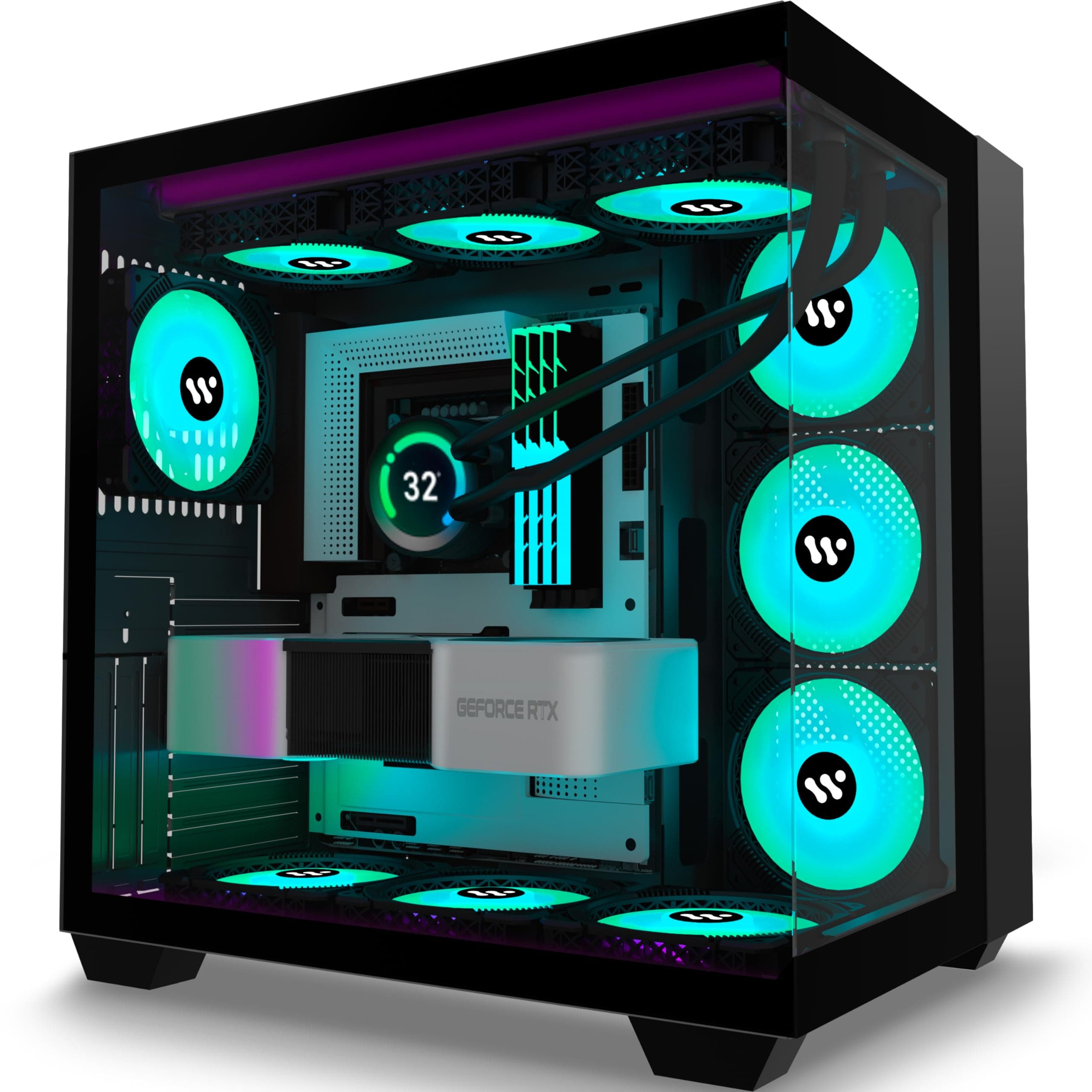 PC CASE ATX 9 PWM ARGB Fans Pre-Installed, Mid-Tower Gaming PC Case, Panoramic Tempered Glass Computer Case with Type-C,360mm Radiator Support，Black