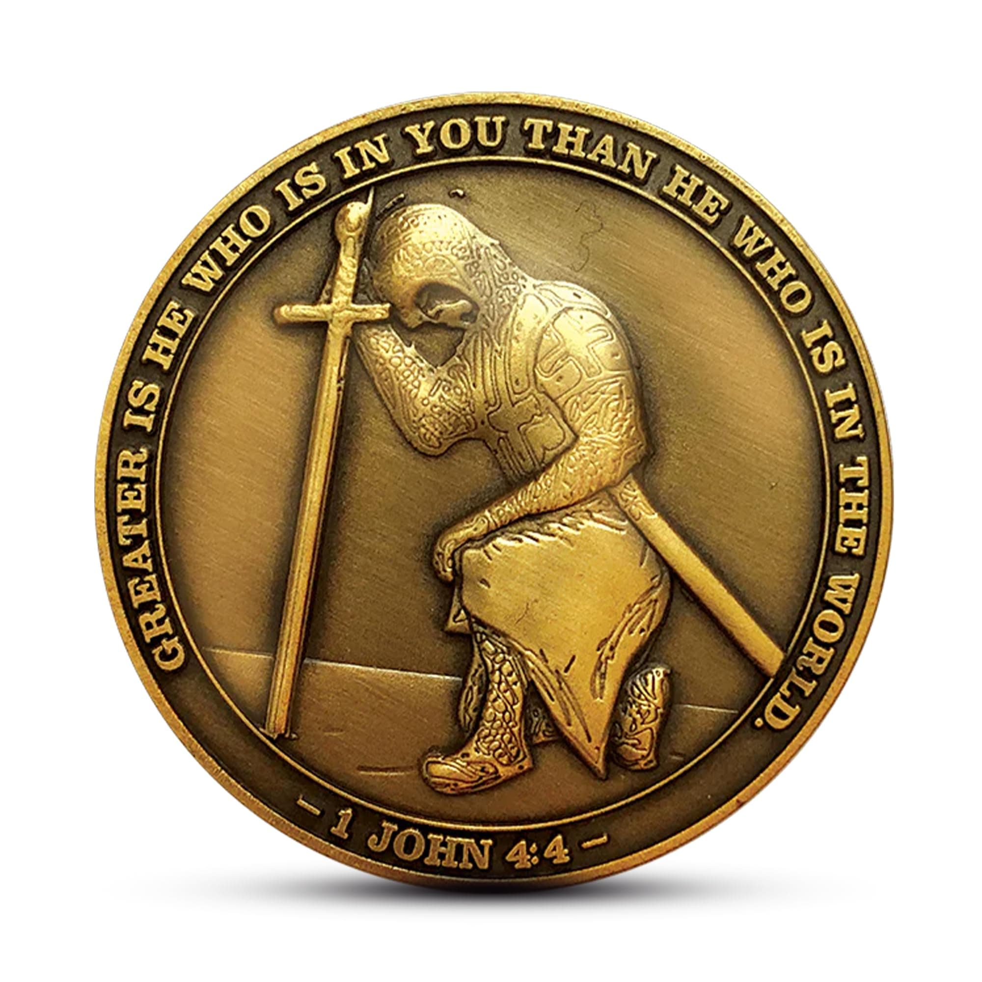 The Task Ahead Coin, I Can Do All Things, Challenge Coins, Antique Gold-Color Plated, Featuring a Kneeling Knight Templar and Philippians 4:15