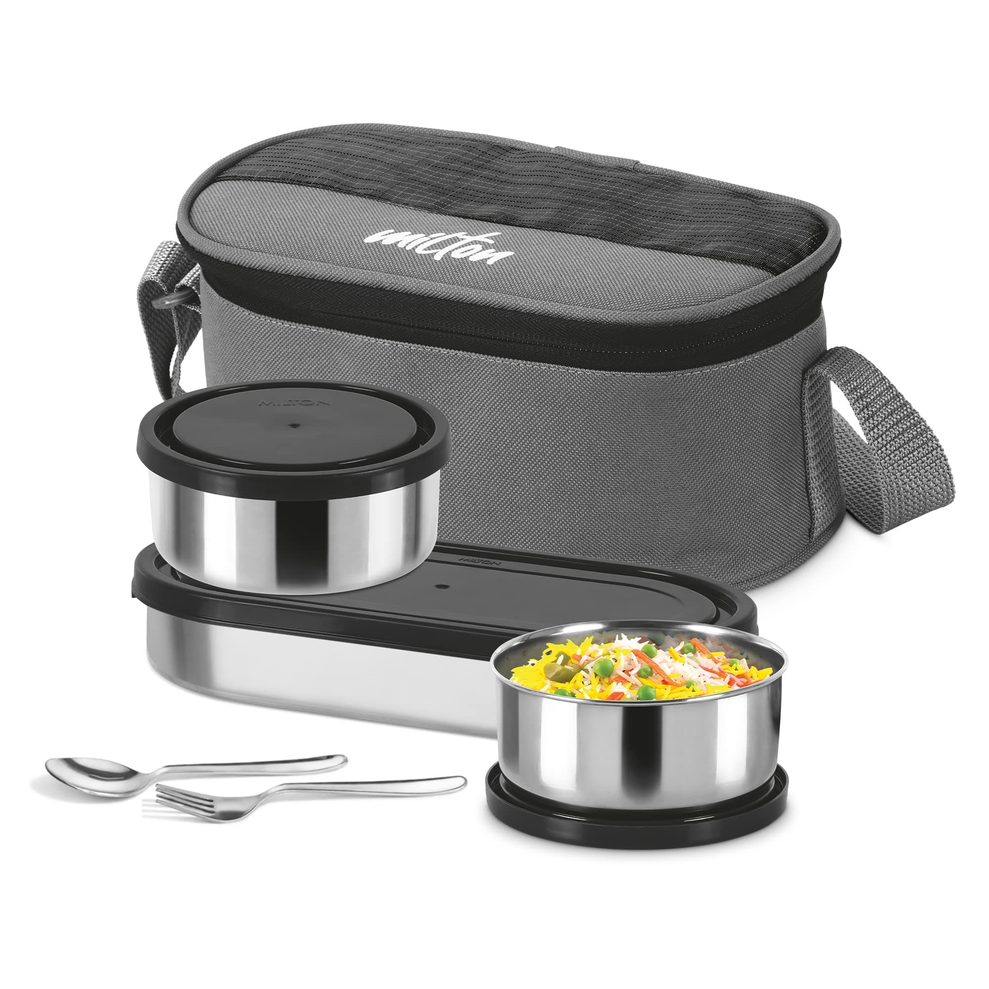 MILTON Master Lunch Box with Insulated Fabric Jacket, 3 Containers (1 Oval Stainless Steel 450 ml, 2 Stainless Steel 280 ml Each Spoon & Fork), Leak-Proof Tiffin for Office, School, College, Black