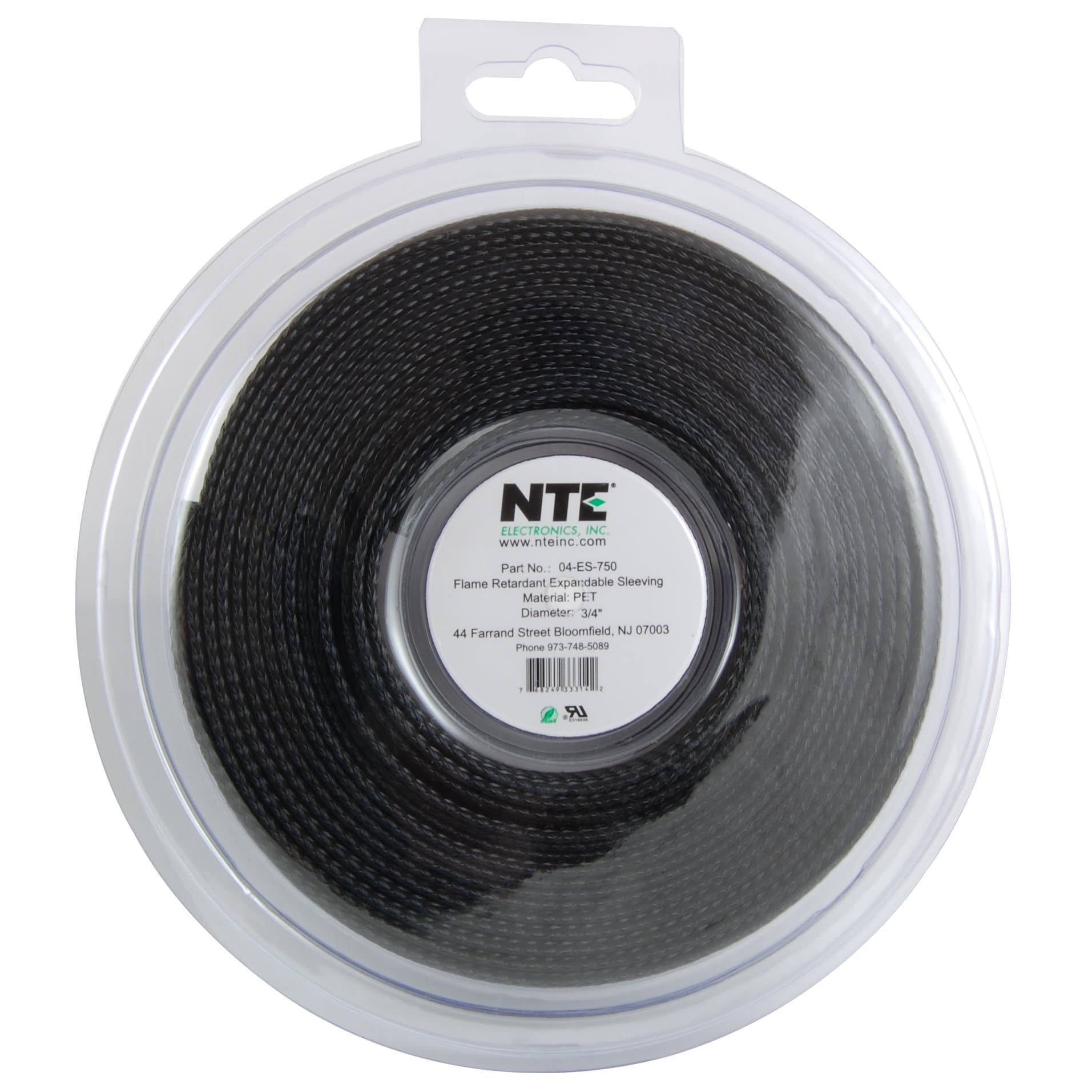 NTE Electronics 04-ES-750 Polyethylene Terephthalate Expandable Braided Sleeving, Flame Retardant, 3/4" Size, 16.4' Length, Black