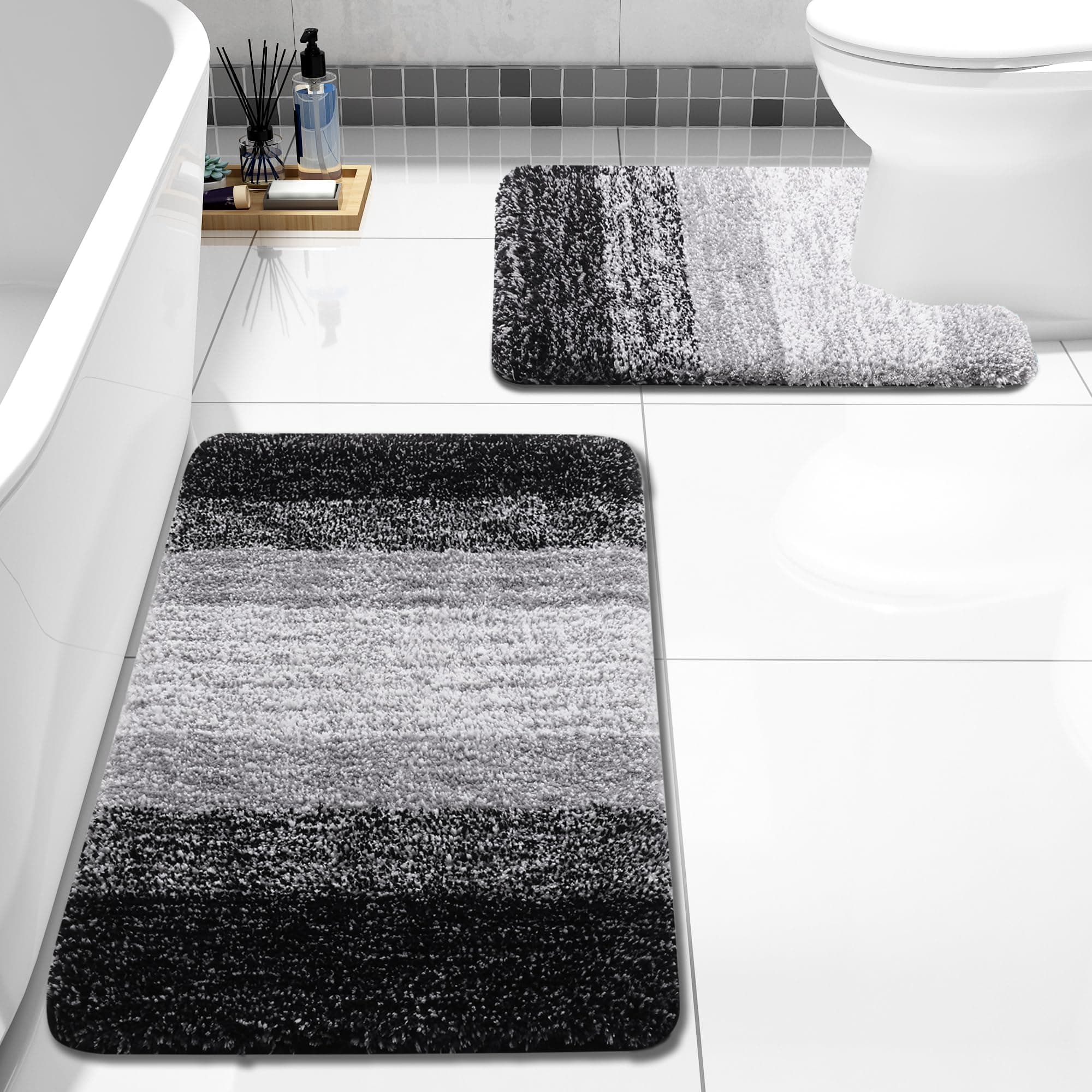 Arotive Bathroom Rugs Sets 2 Piece, Soft Absorbent Microfiber Bath Mats and U-Shaped Contour Toilet Rug, Non-Slip Machine Washable Dry Bath Mats for Bathroom, 30x20 and 24x20, Black