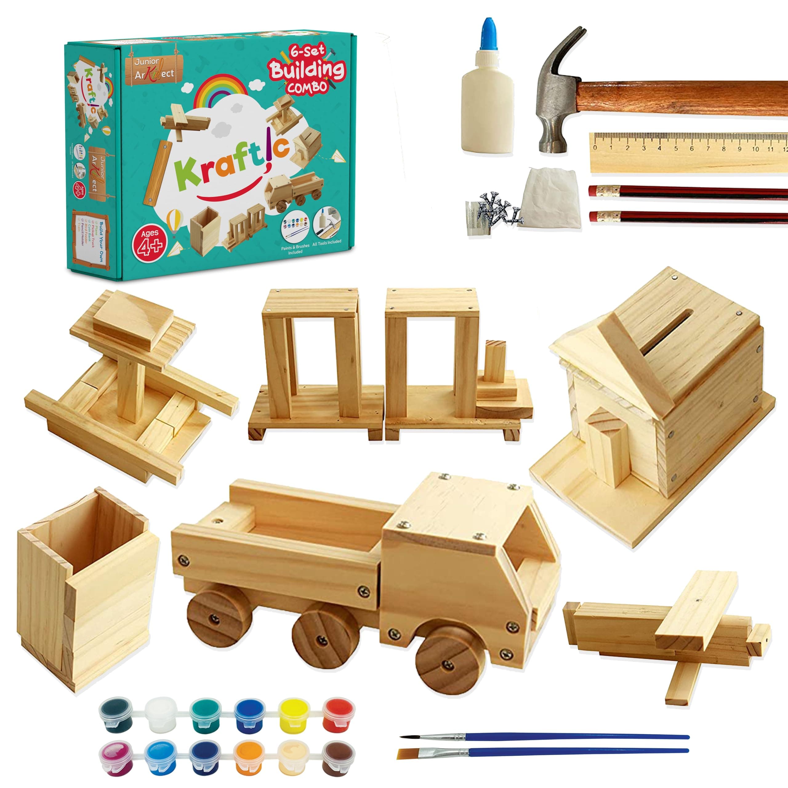 Kraftic DIY Deluxe Carpentry Woodworking Kit with 6 Projects