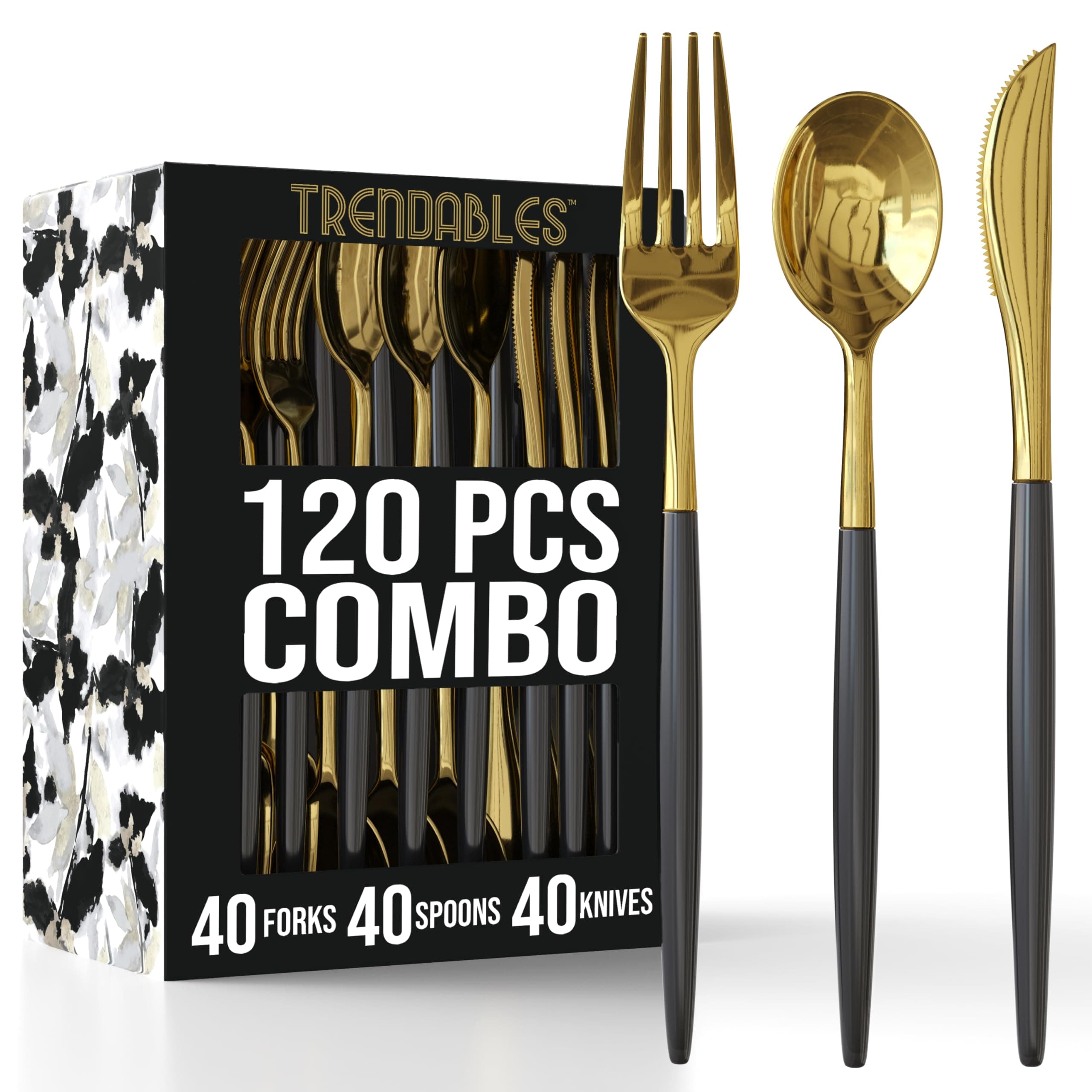 Trendables 120 Pack Disposable Silverware Set - Silver Cutlery Dinnerware - Includes 40 Plastic Forks, Spoons, Knives - Black & Gold Plastic Silverware Party Set