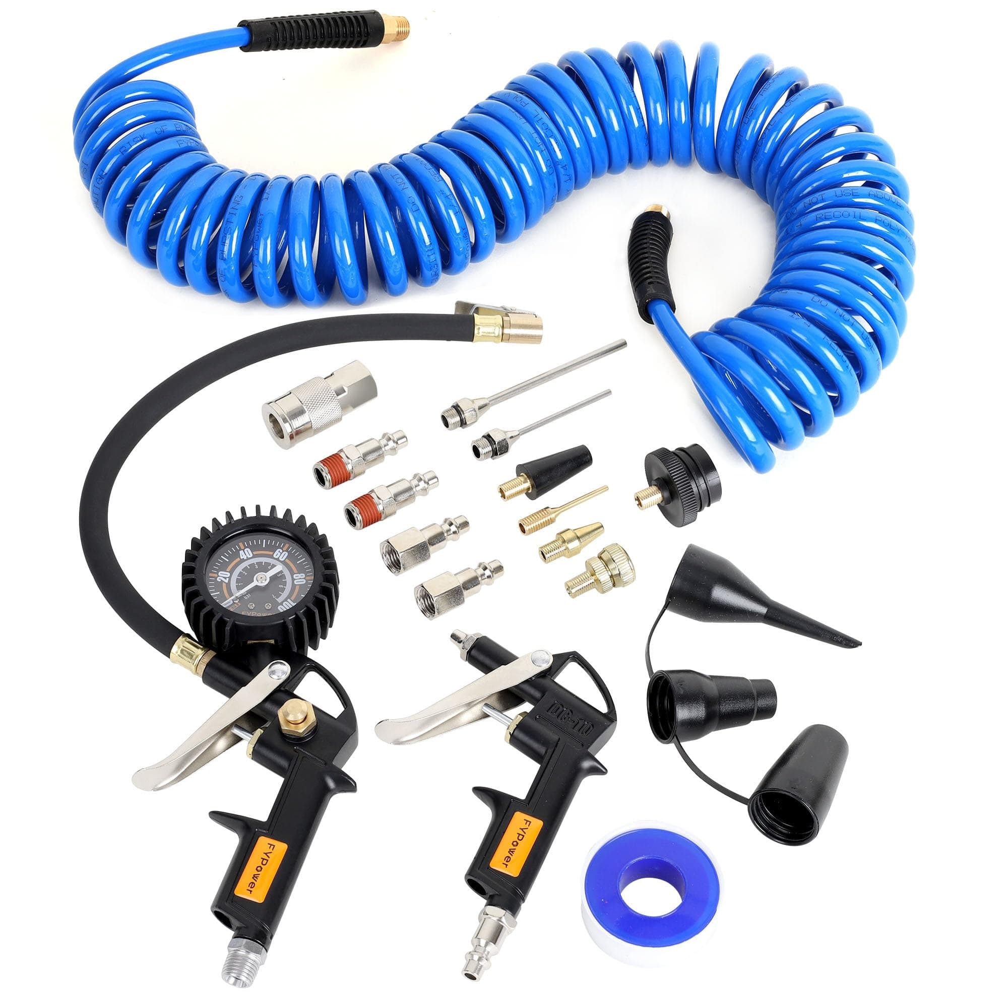 16 Pieces Heavy Duty Air Compressor Accessory Kit, 1/4 inch 25ft Recoil Poly Air Compressor Hose Kit, 100PSI Tire Inflator Gauge, Blow Gun and Nozzles, 1/4" NPT Air Coupler and Plug Kit