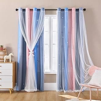 XiDi Dream Star Blackout Curtains for Kids Rooms Girl Princess Curtain for Daughter Bedroom Window (Pink Grey Blue, W34 X L63)